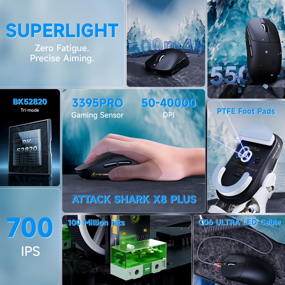 ATTACK SHARK X8 PLUS Tri-mode Wireless Gaming Mouse With C06 ULTRA Cable