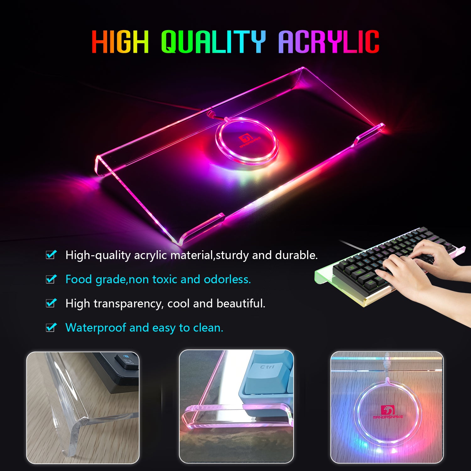 Colorful acrylic RGB keyboard holder, waterproof and easy to clean, with typing hand.