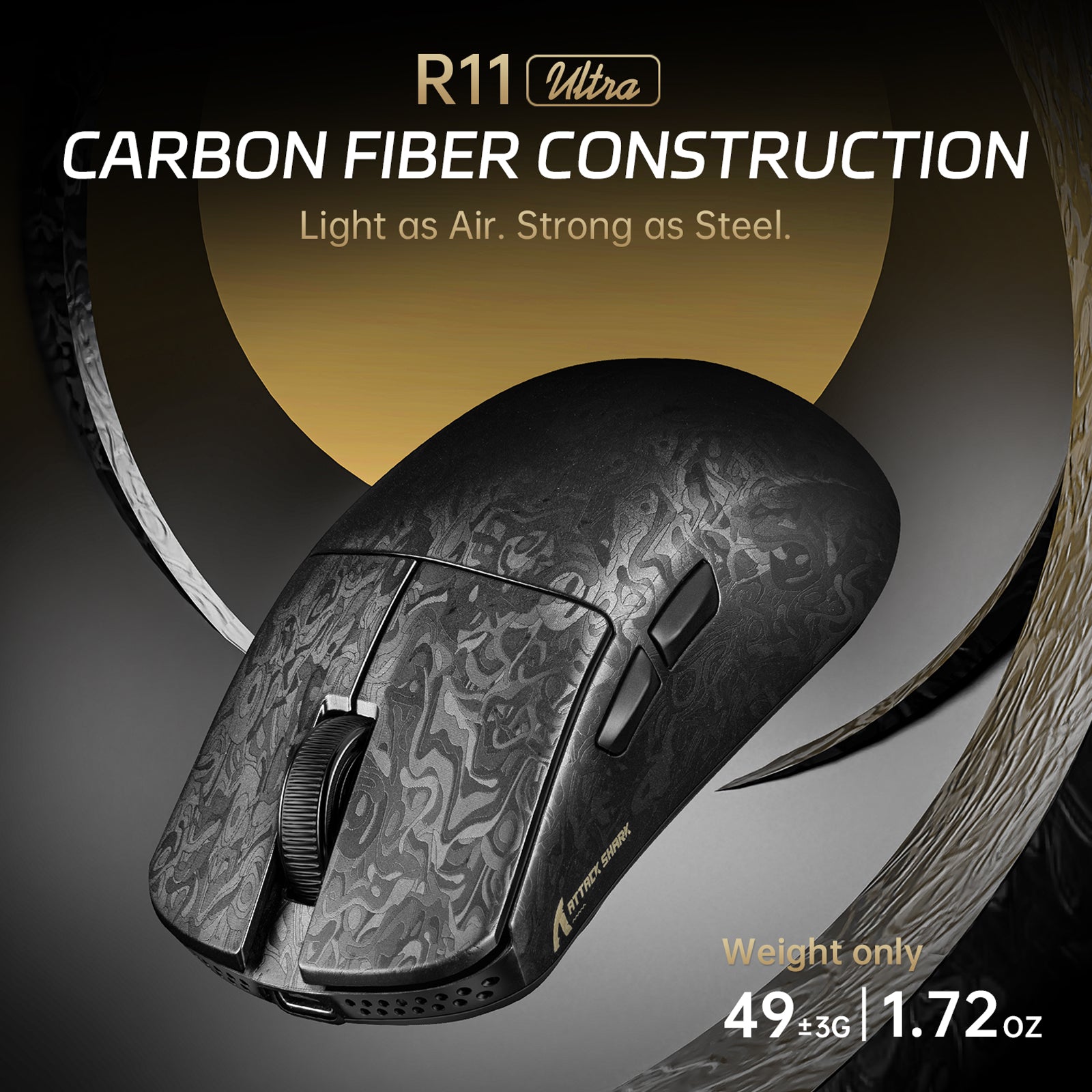 ATTACK SHARK R11 ULTRA Carbon Fiber Wireless 8K PAW3950MAX Gaming Mouse with C06 Ultra LED Cable