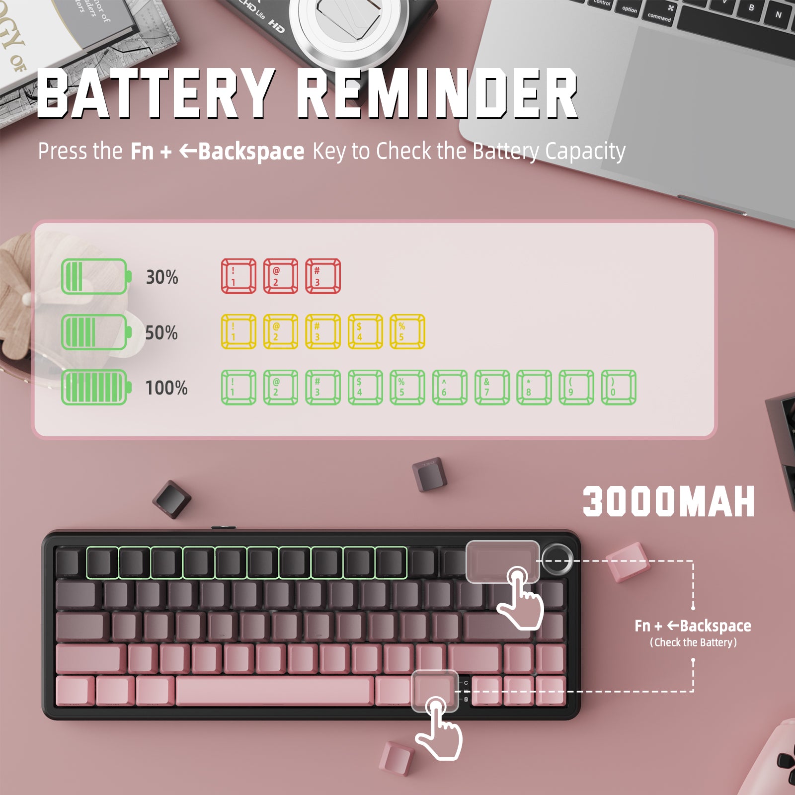 ATTACK SHARK X66 mechanical keyboard battery indicator with 3000mAh capacity, press Fn + Backspace key.