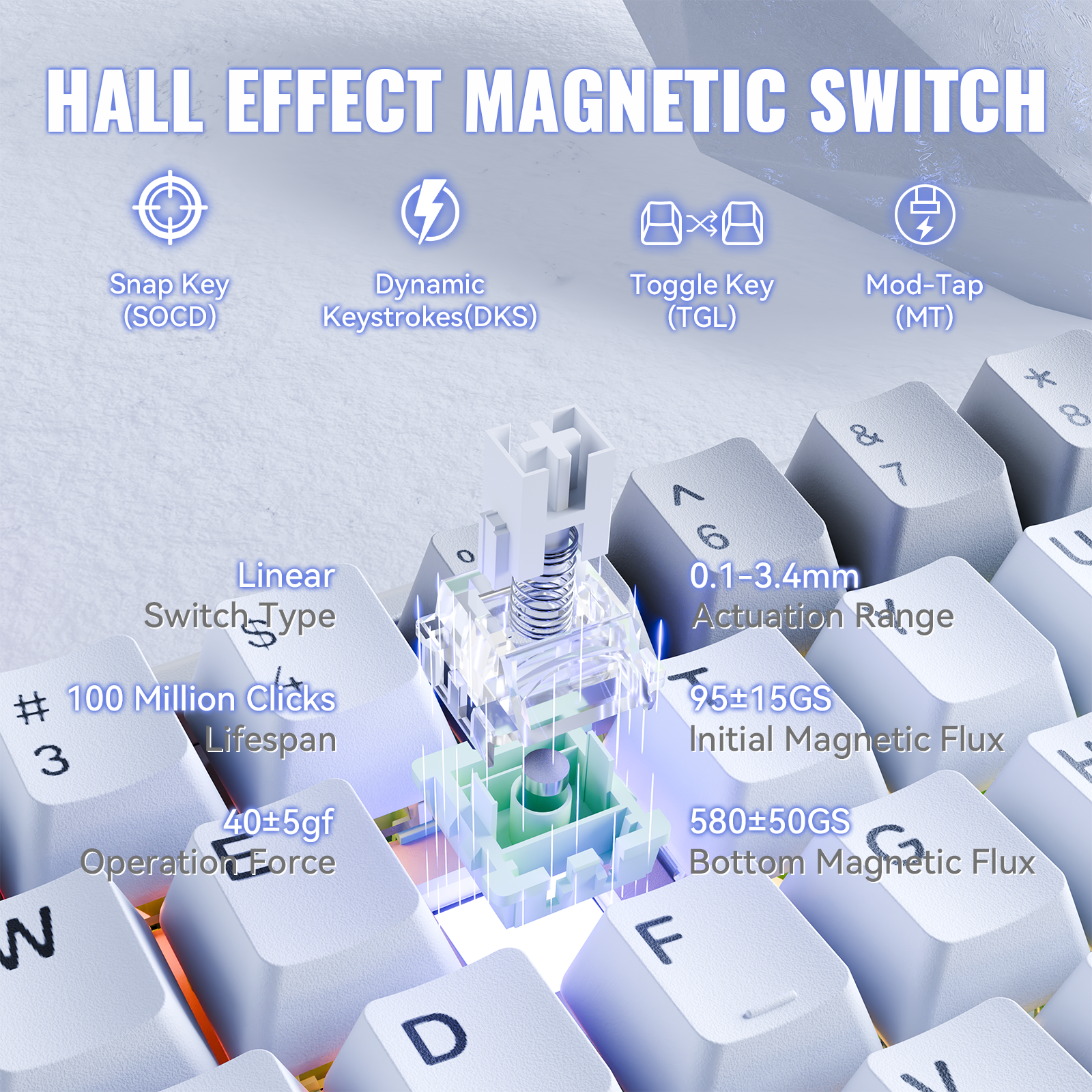 ATTACK SHARK X68MAX HE keyboard, Hall Effect magnetic switch, white keycaps, Dynamic Keystrokes, and Toggle Key.