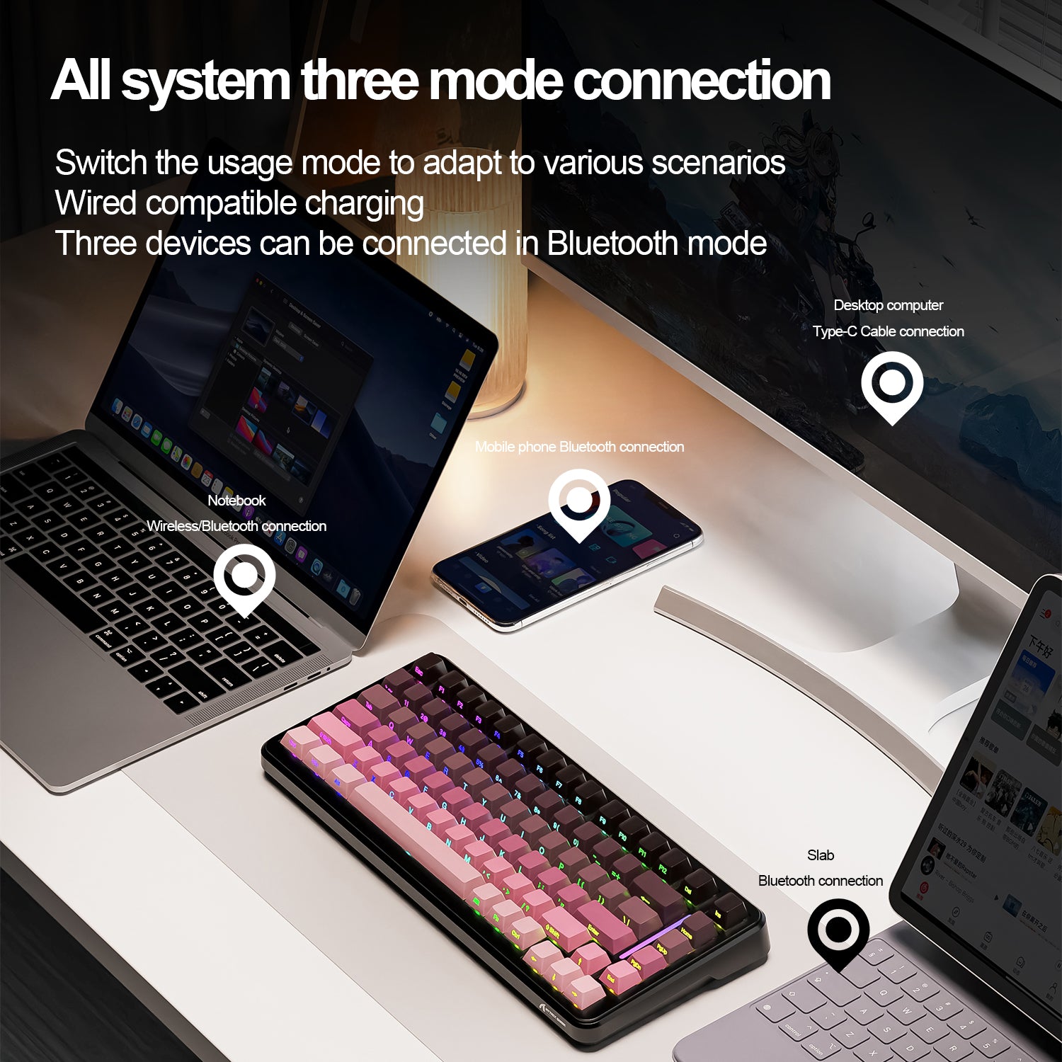 ATTACK SHARK M86 keyboard with multi-device Bluetooth connections to laptop, phone, and tablet.