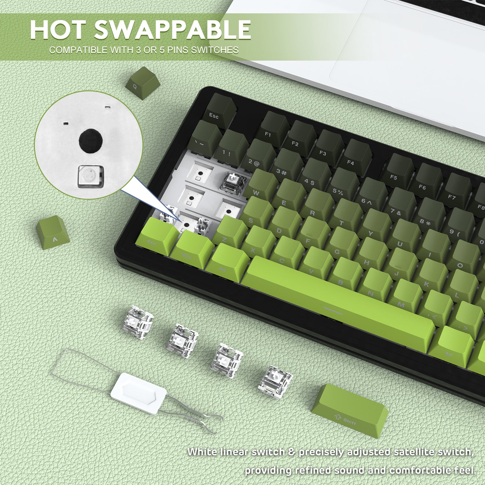 ATTACK SHARK M87PRO wireless keyboard, green gradient keycaps, hot-swappable switches, and side print PBT keycaps.
