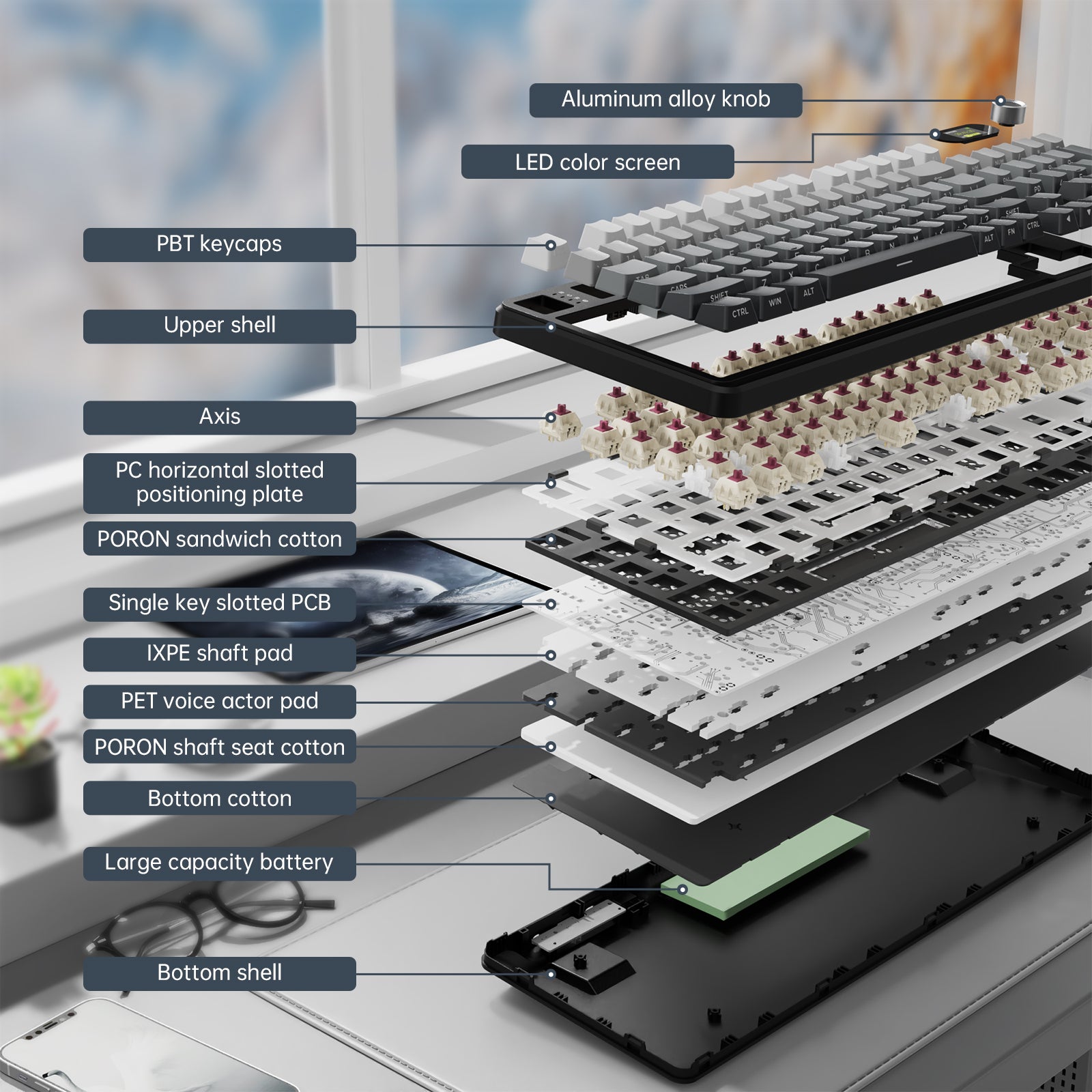 ATTACK SHARK X98PRO exploded view, highlighting PBT keycaps, LED screen, aluminum knob, and internal components.