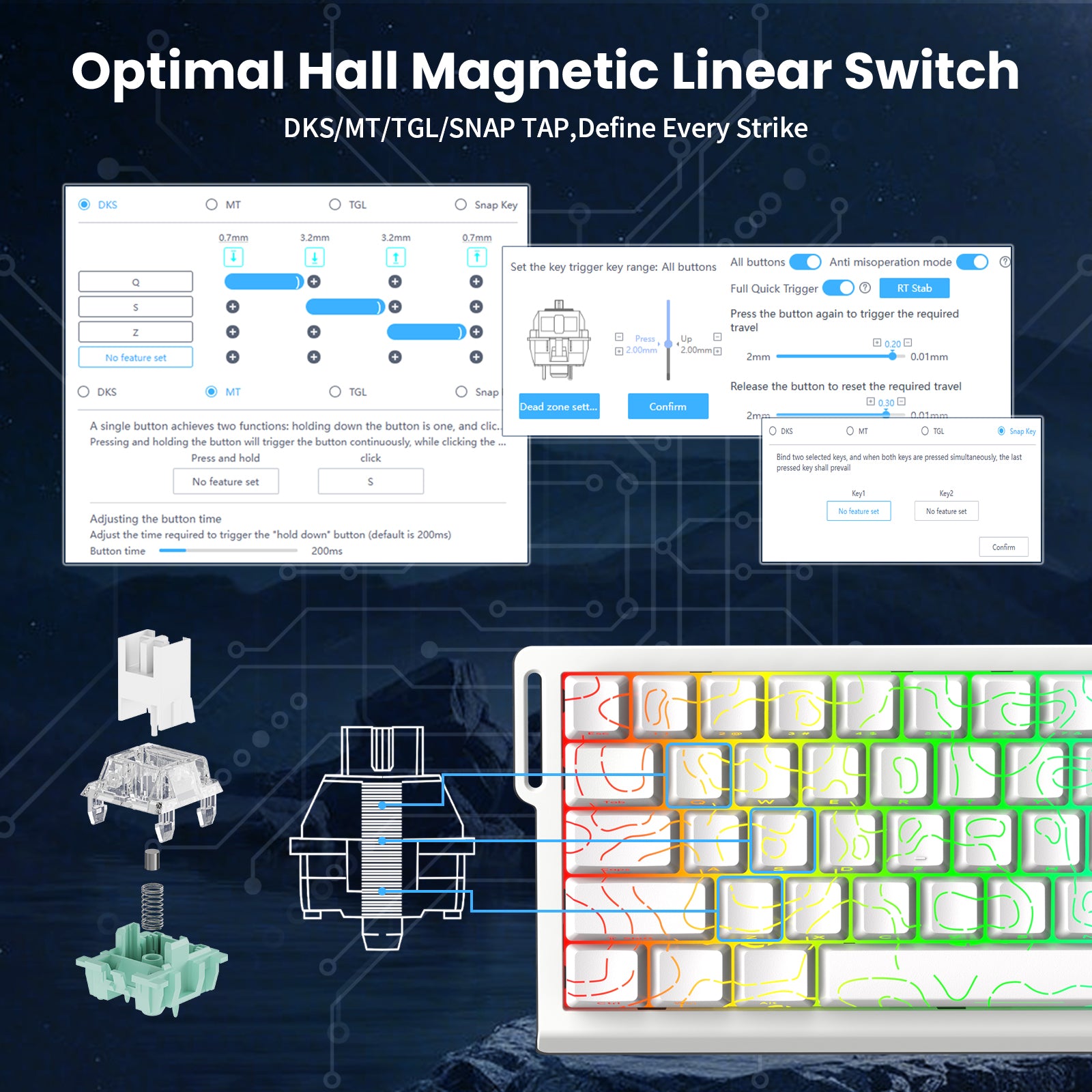 X68 HE keyboard detail: Optimal Hall Magnetic Linear Switch, customizable key triggers.