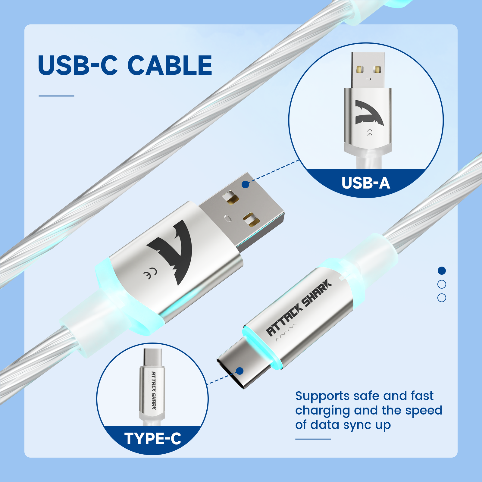 ATTACK SHARK USB-C Cable with USB-A and Type-C connectors. Supports Fast Charging and Data Sync.