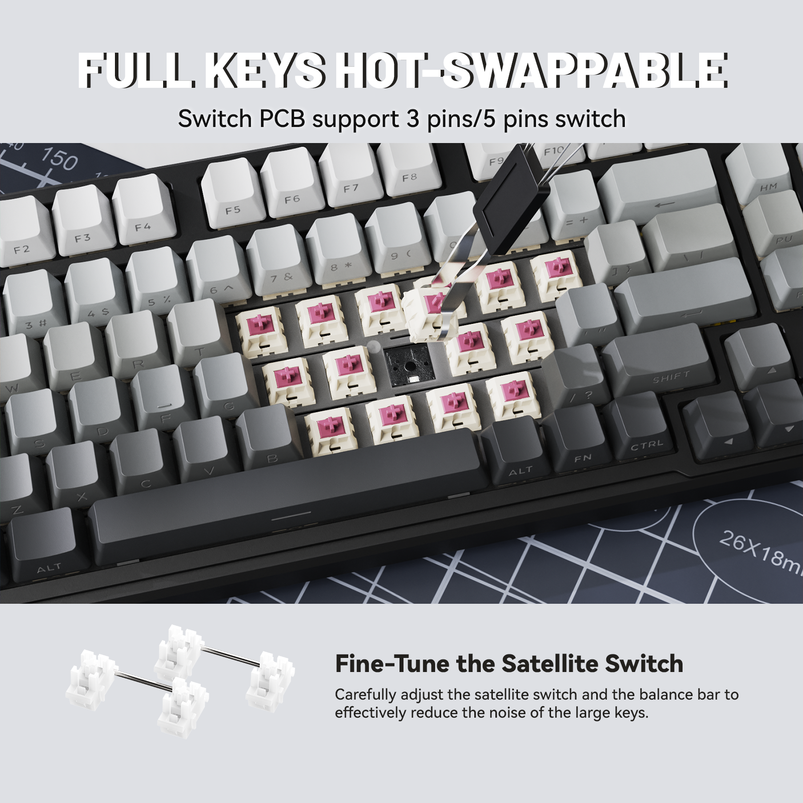 ATTACK SHARK X98 hot-swappable keyboard, keycap and switch removal, supporting 3/5 pins, full-size layout, white keys