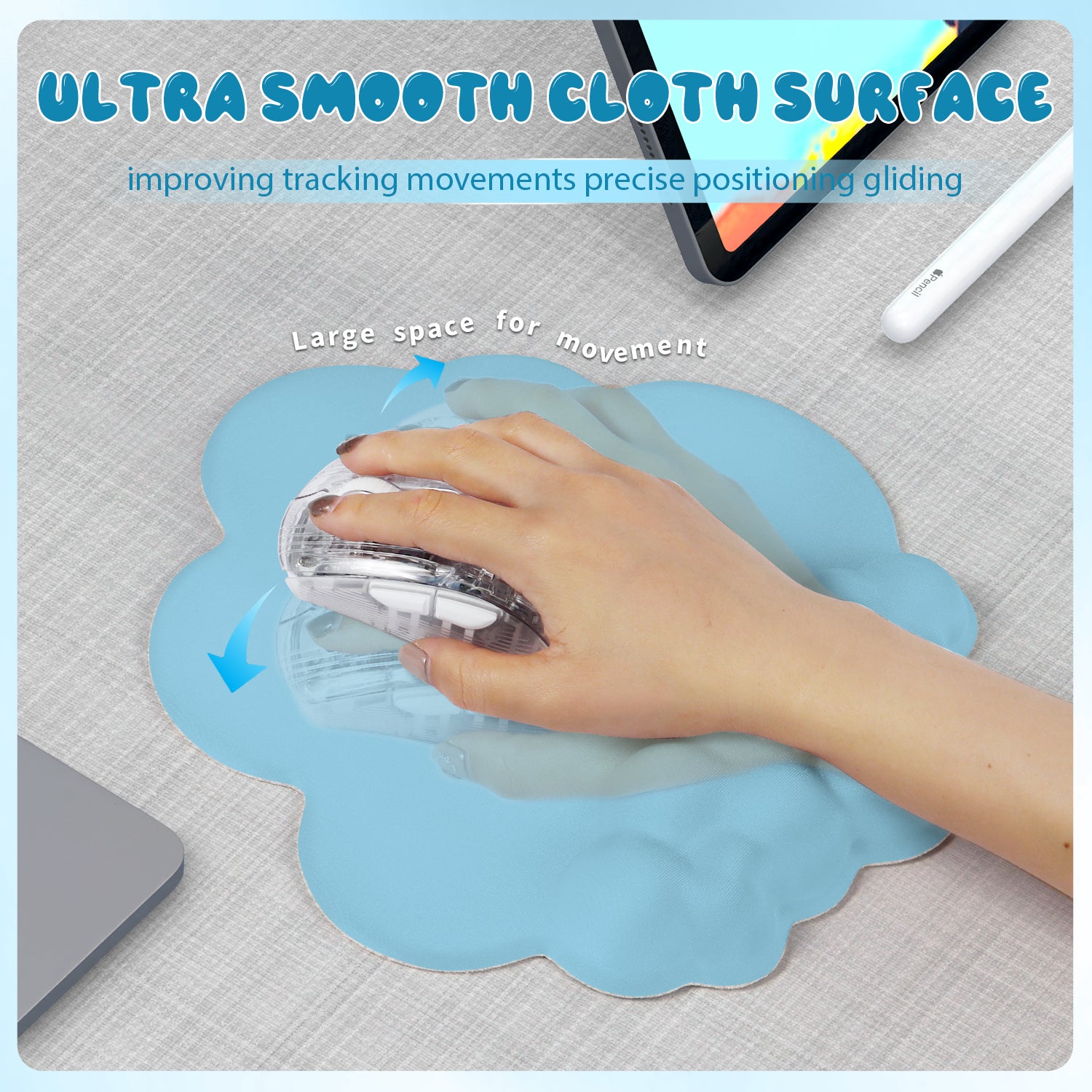 Light blue cloud mouse pad promoting smooth tracking and ample movement space for gaming.