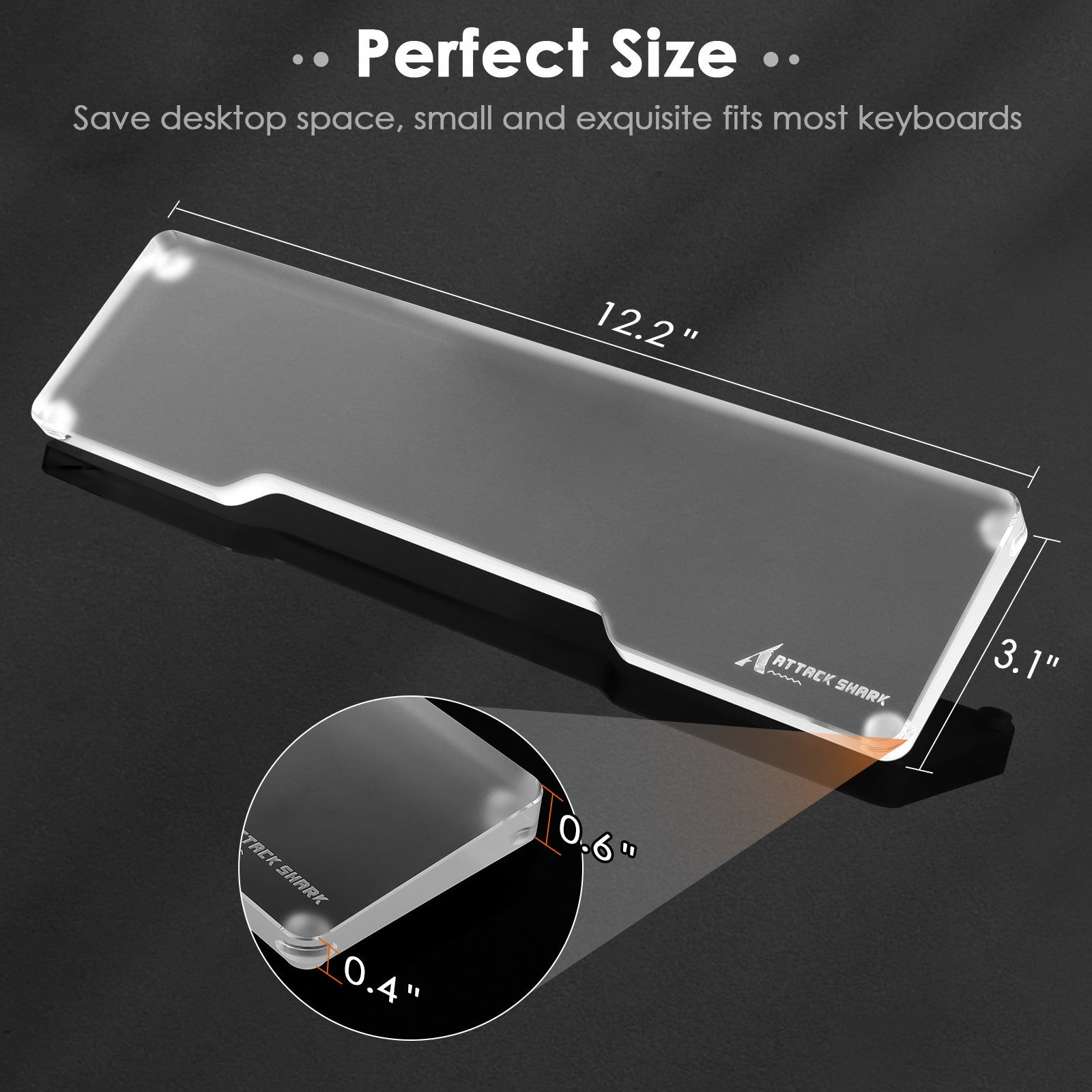 Acrylic wrist rest dimensions and 'Perfect Size' text for optimal keyboard compatibility