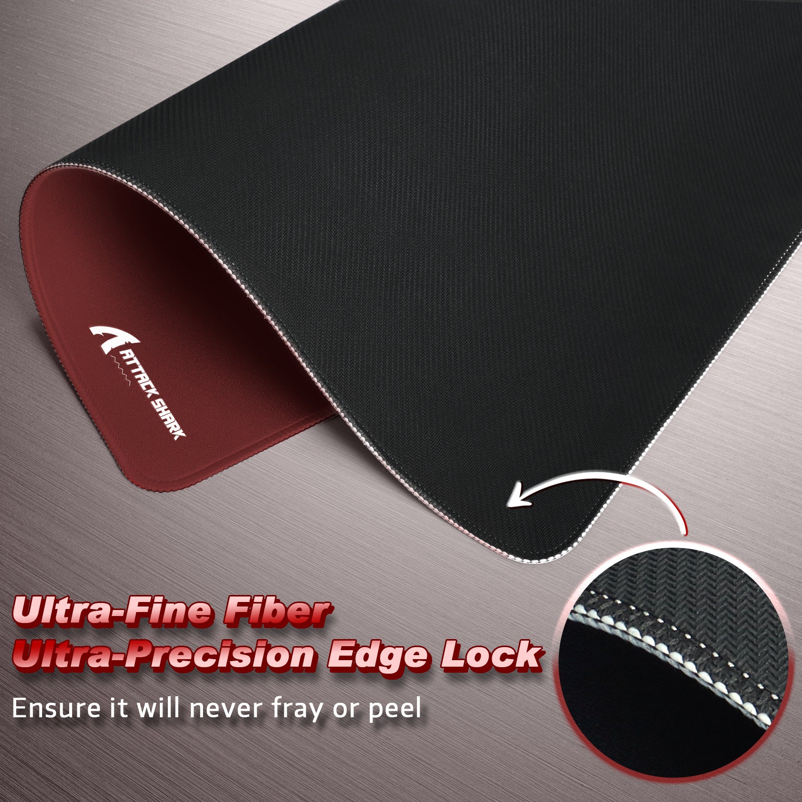 ATTACK SHARK CM02 gaming mousepad detail, showing ultra-fine fiber, precision edge lock, and red underside.