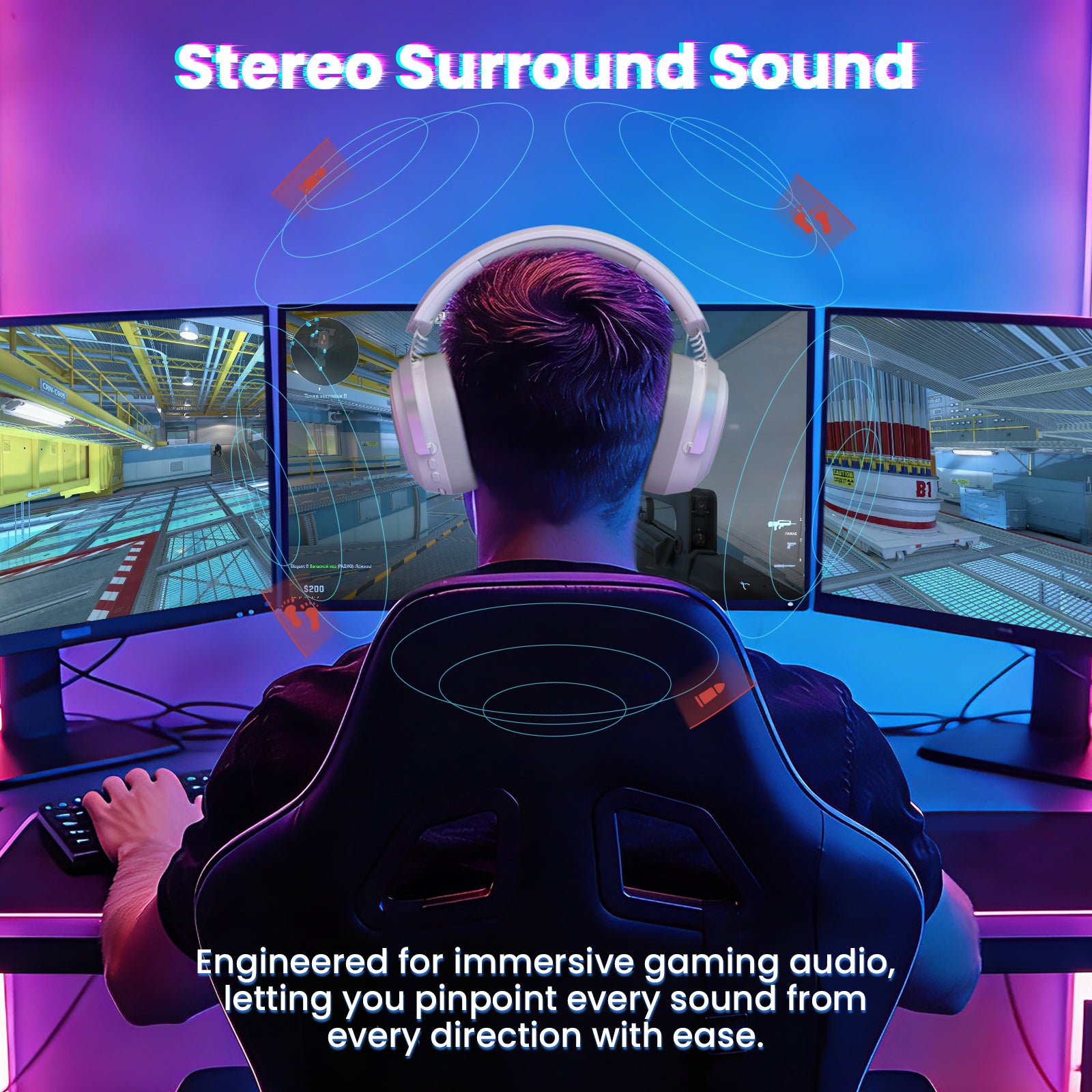 ATTACK SHARK G800 wireless gaming headset with white earcups, displayed in a gaming setup with multiple monitors.