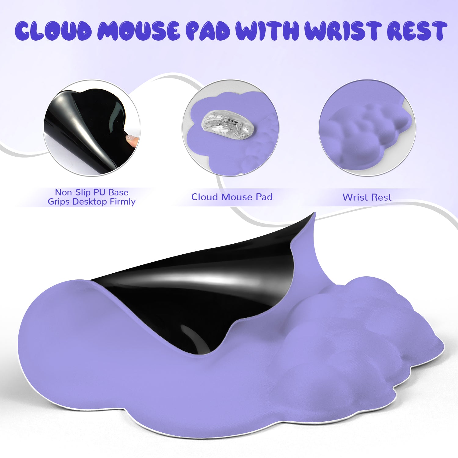 Purple cloud mouse pad with ergonomic wrist rest and non-slip base for gaming support.