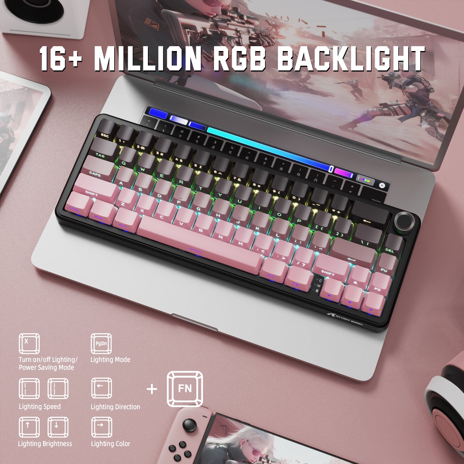 ATTACK SHARK X66 mechanical keyboard with 16+ million RGB backlight and pink keycaps