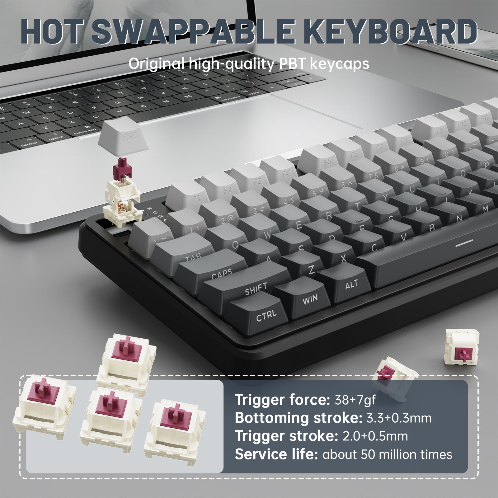 ATTACK SHARK X98PRO hot-swappable mechanical keyboard with PBT keycaps and switch detail, showing specifications