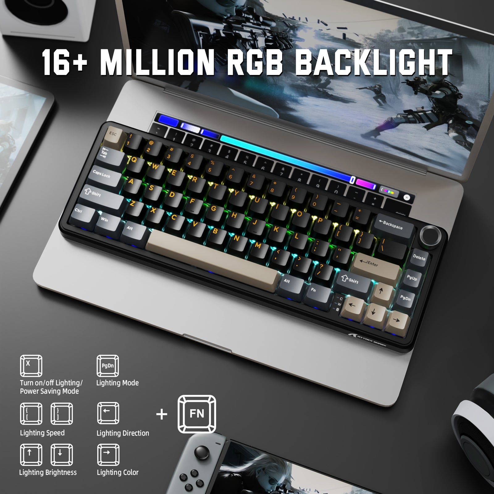 X66 wireless mechanical keyboard with RGB, side-printed keycaps, and volume knob. Gaming keyboard.