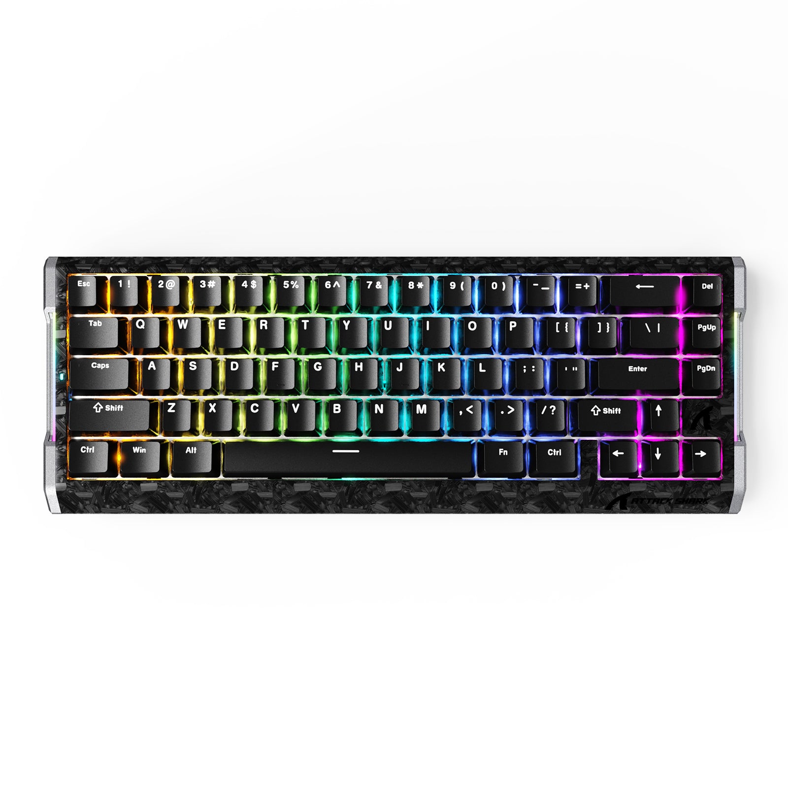 ATTACK SHARK R68 HE carbon fiber rapid trigger keyboard with rainbow RGB backlighting.