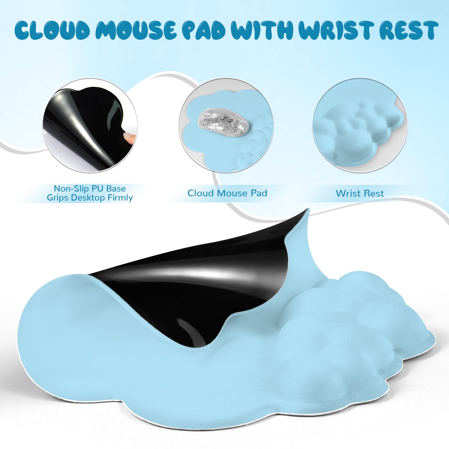 Light blue cloud mouse pad with non-slip base and ergonomic wrist rest for comfort.