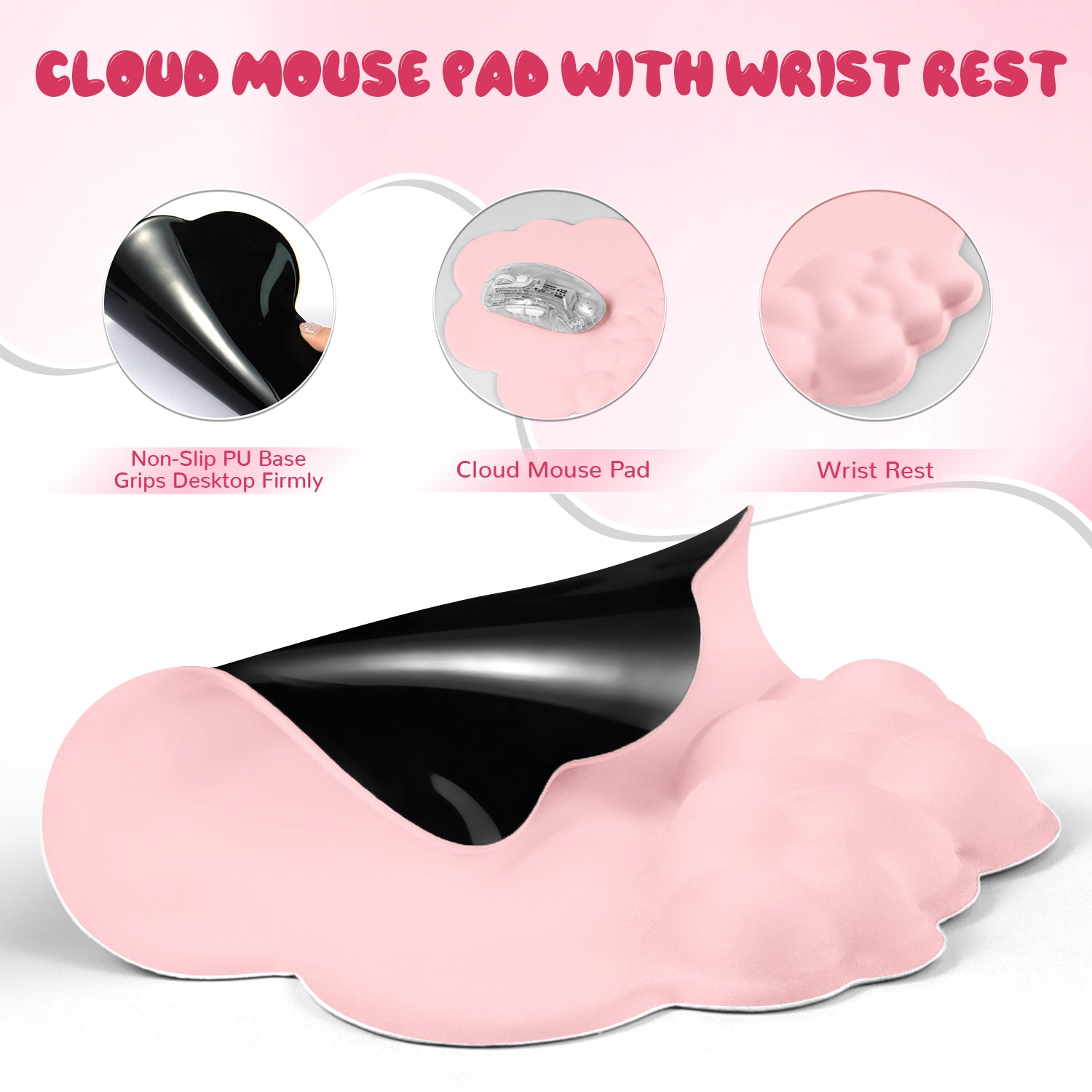Pink cloud mouse pad with non-slip base and padded wrist rest for ergonomic comfort
