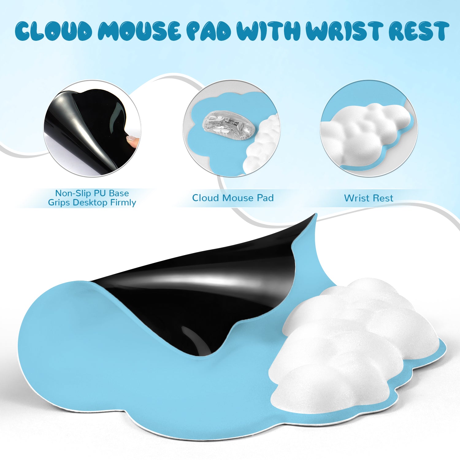 Cloud mouse pad with wrist rest and non-slip base for ergonomic support.