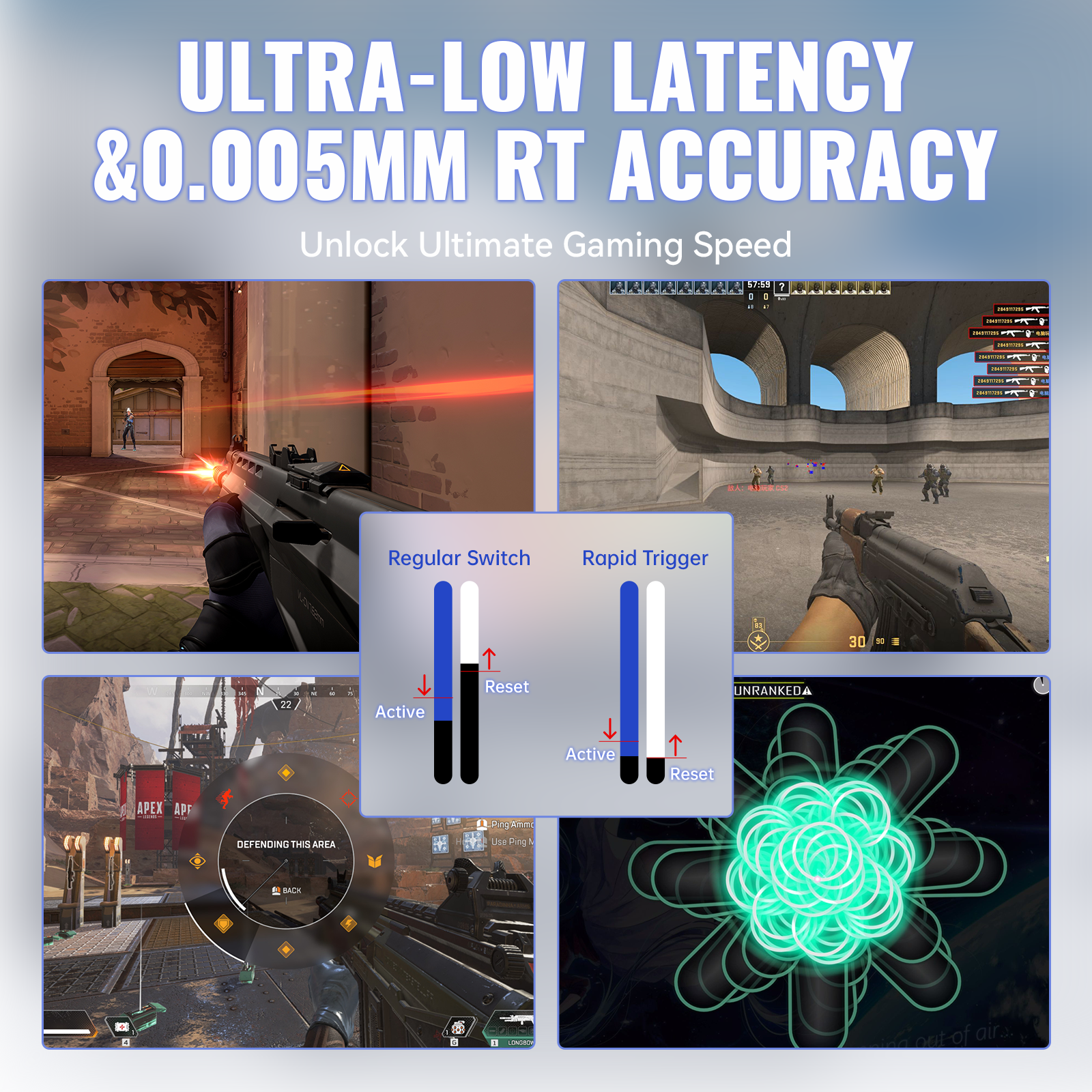 ATTACK SHARK X68MAX HE: Rapid Trigger vs. Regular Switch, game scenes (Valorant, CS:GO, Apex Legends), and glowing graphic.