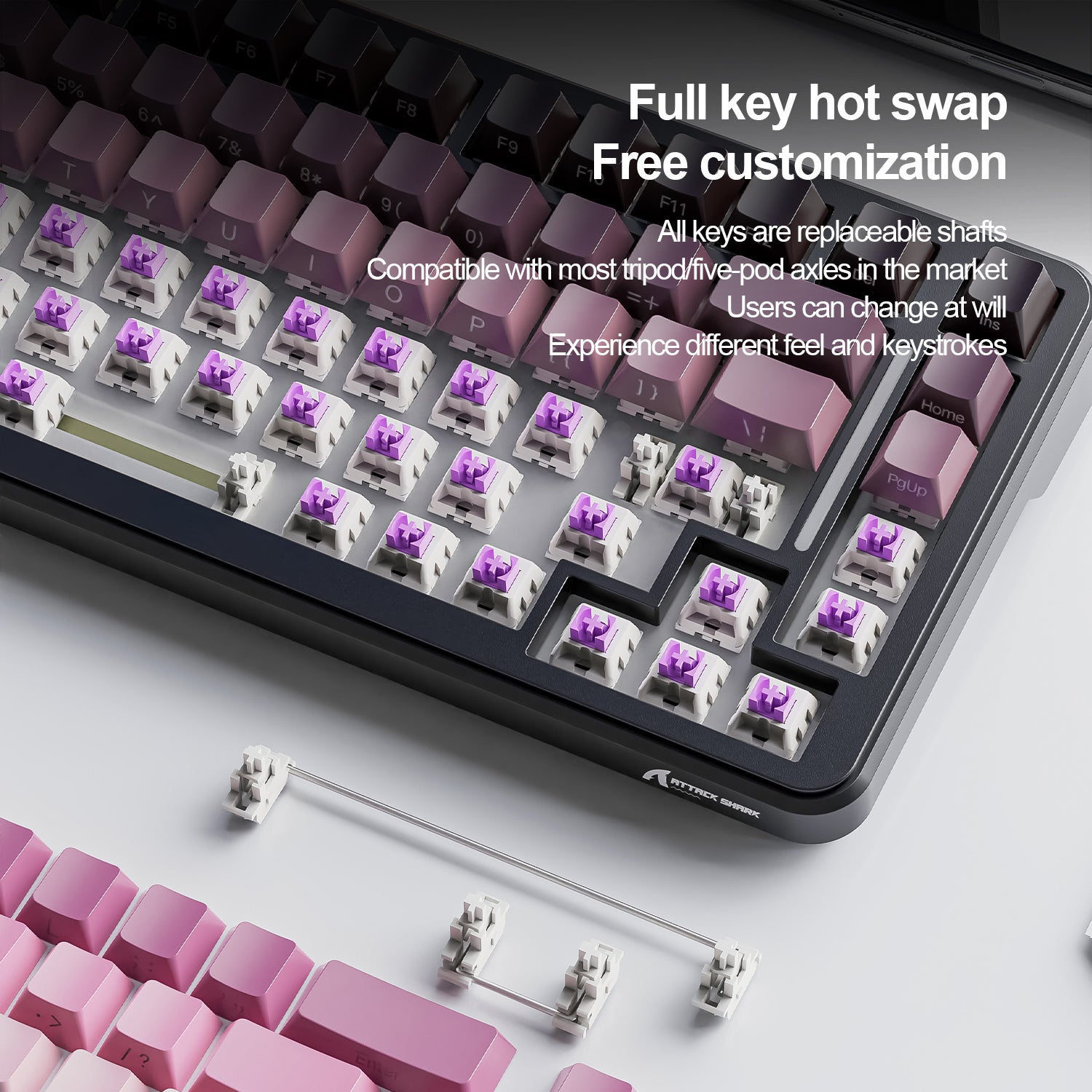 ATTACK SHARK M86 keyboard featuring hot-swappable keys and customizable, full key design with purple switches, PBT keycaps
