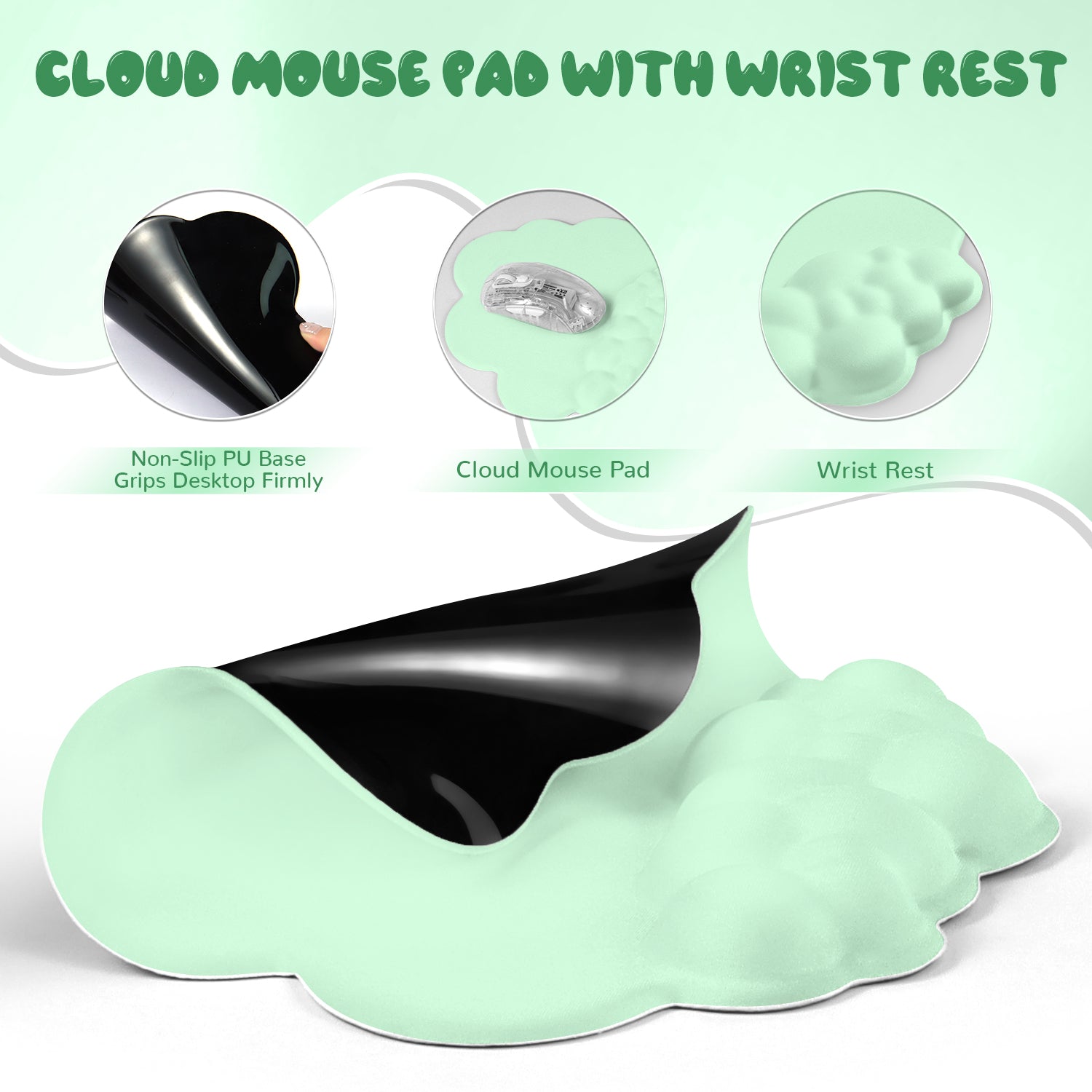 Mint green cloud mouse pad with padded wrist rest and non-slip base for ergonomic support.