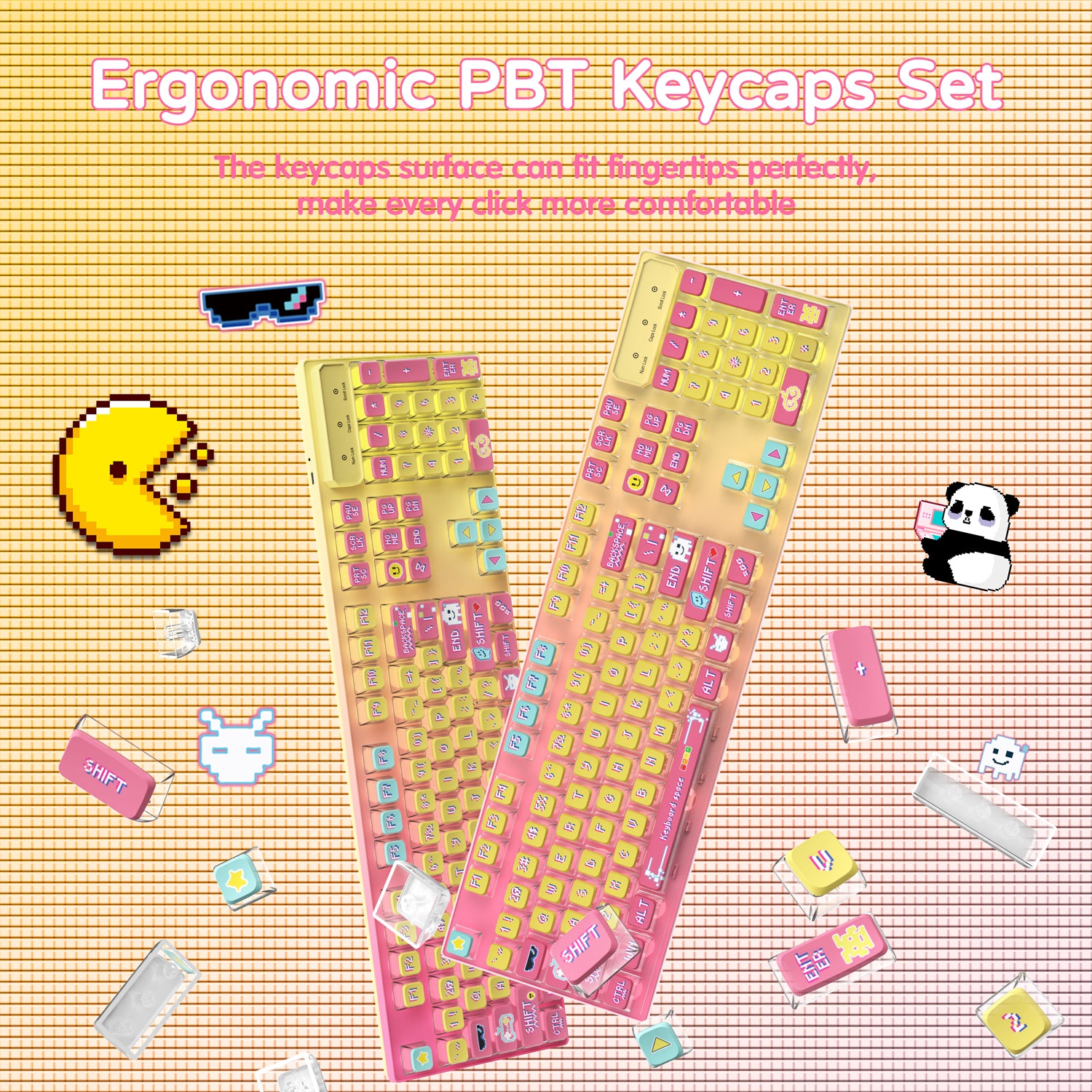 Ergonomic pink and yellow PBT keycaps set with playful designs for comfortable typing.