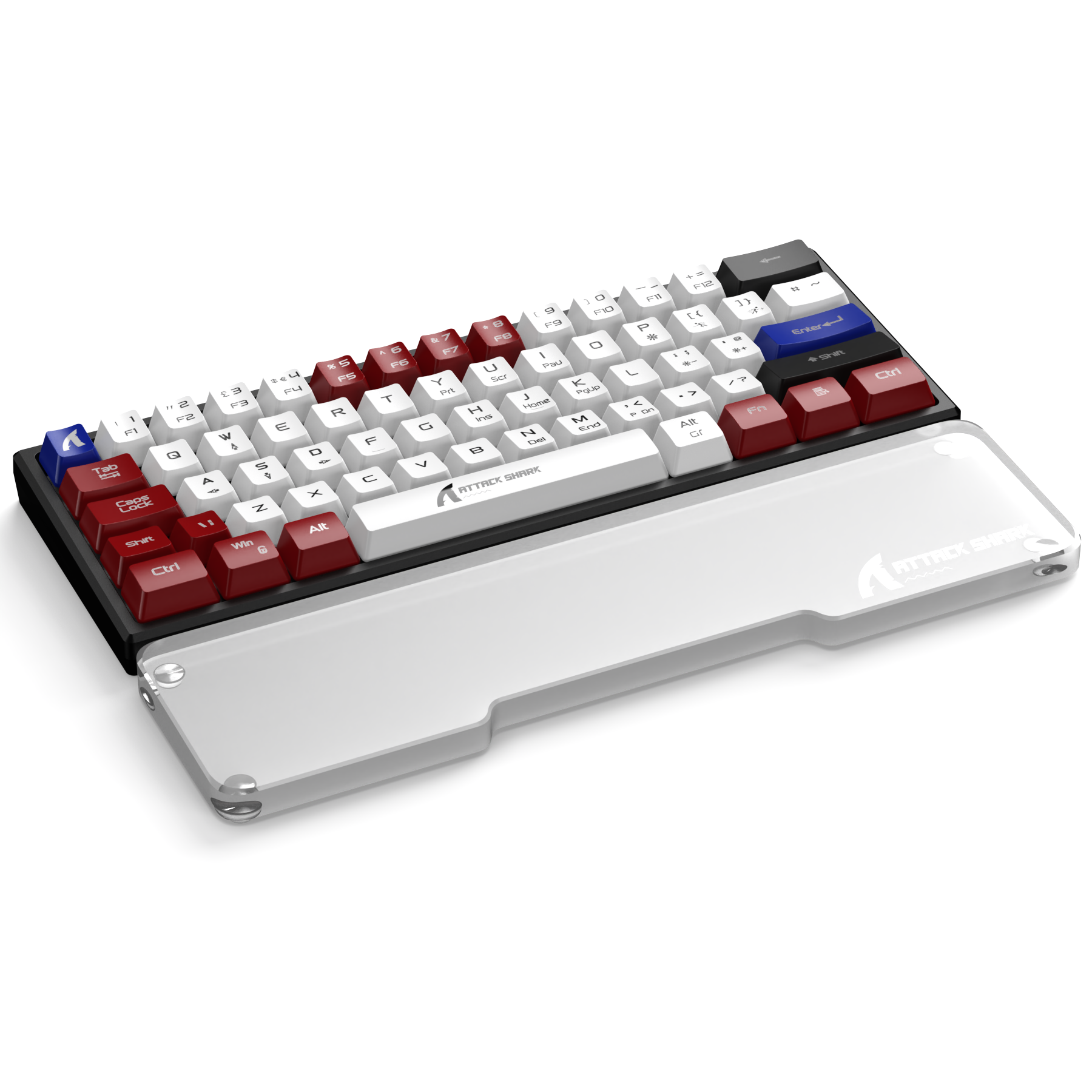 Red and white mechanical keyboard with clear acrylic wrist rest for ergonomic support