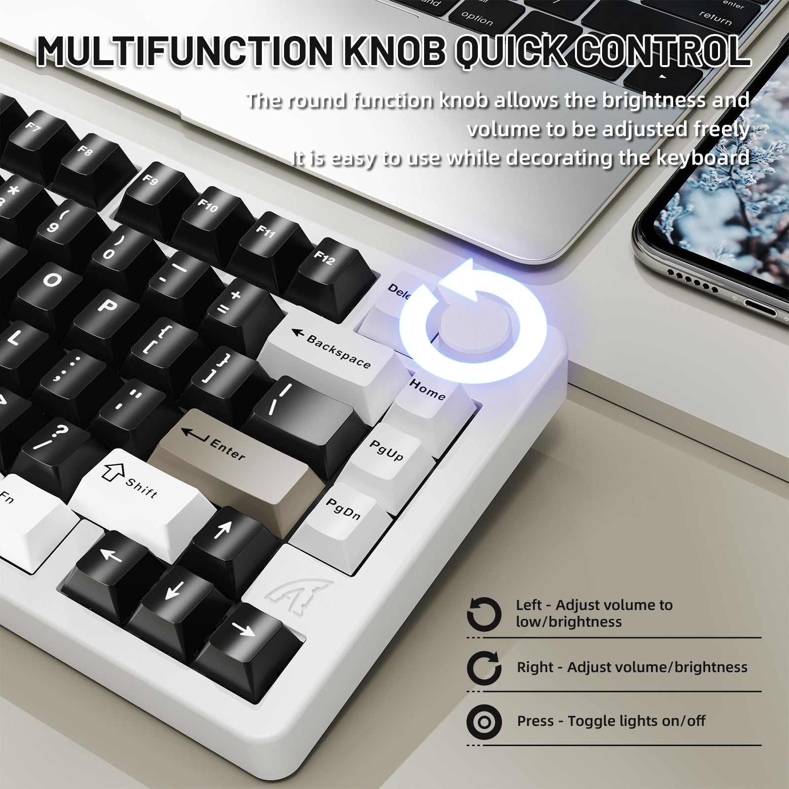 ATTACK SHARK X86 mechanical keyboard with multifunction knob for volume and lighting control, white body
