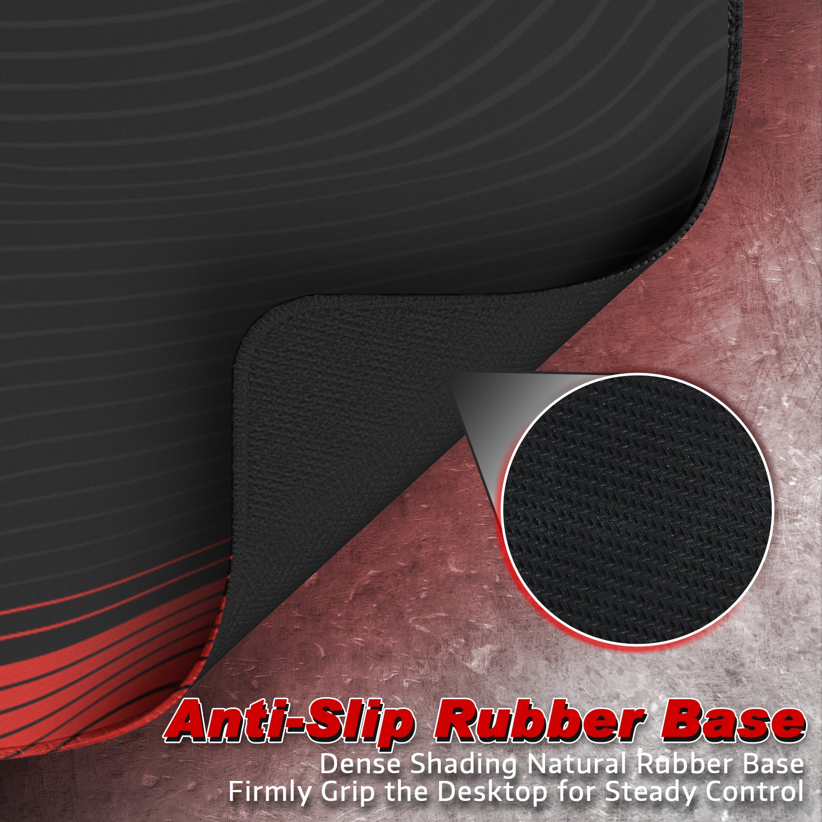 ATTACK SHARK CM02 mousepad: anti-slip rubber base, black & red design, close-up of rubber texture for steady control.