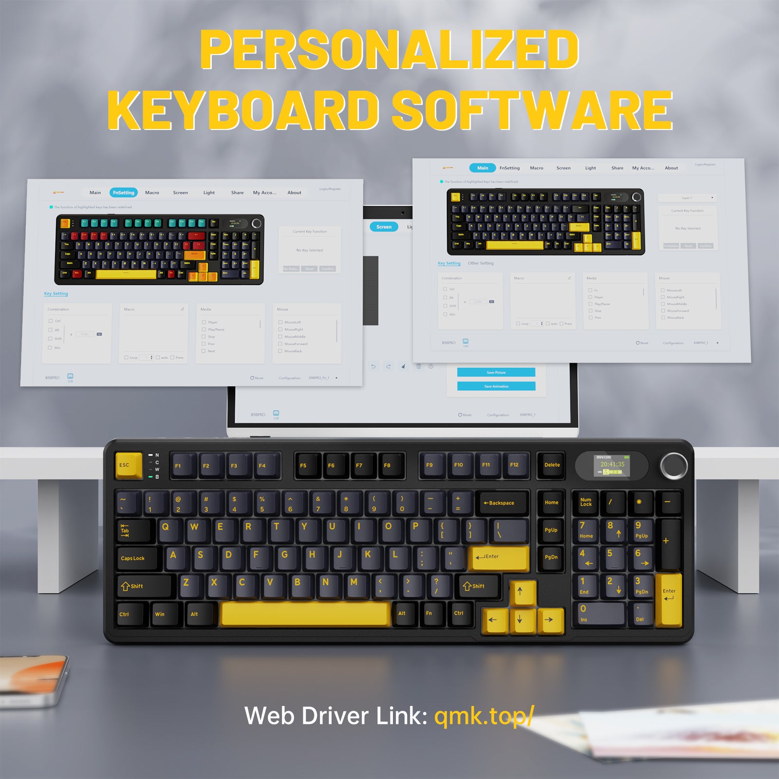 ATTACK SHARK X98PRO keyboard software interface with customizable key settings, display, and knob. Web Driver Link: qmk.top/