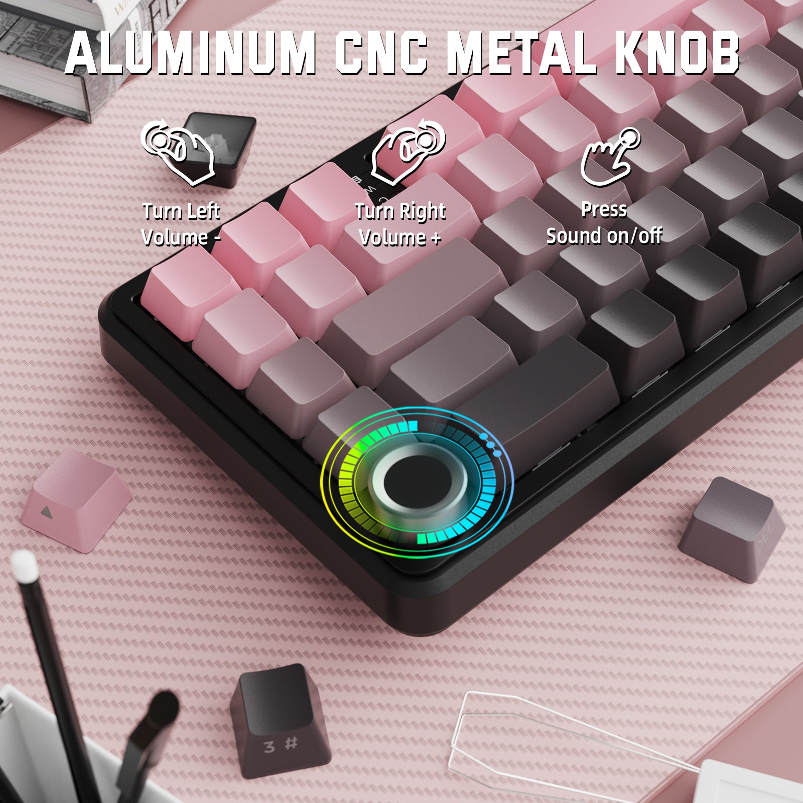 ATTACK SHARK X66 keyboard, highlighting aluminum CNC metal knob and volume control, pink and gray keycaps.