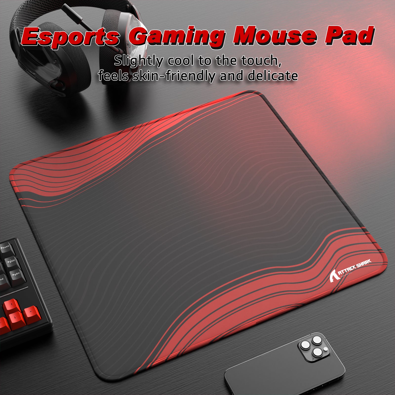 ATTACK SHARK Esports Gaming Mouse Pad, black and red design, smooth surface, esports accessory
