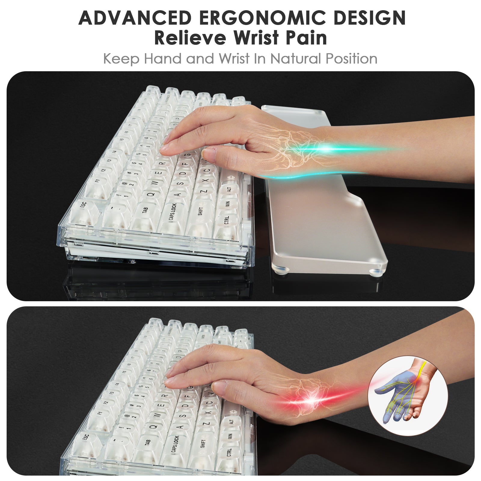 Ergonomic acrylic wrist rest with hand showing natural wrist position to relieve pain