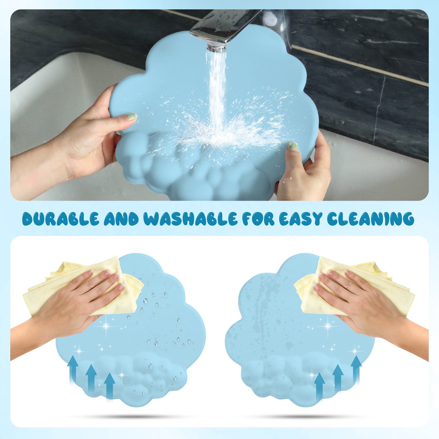 Washing blue cloud mouse pad under water, highlighting durable and easy cleaning.