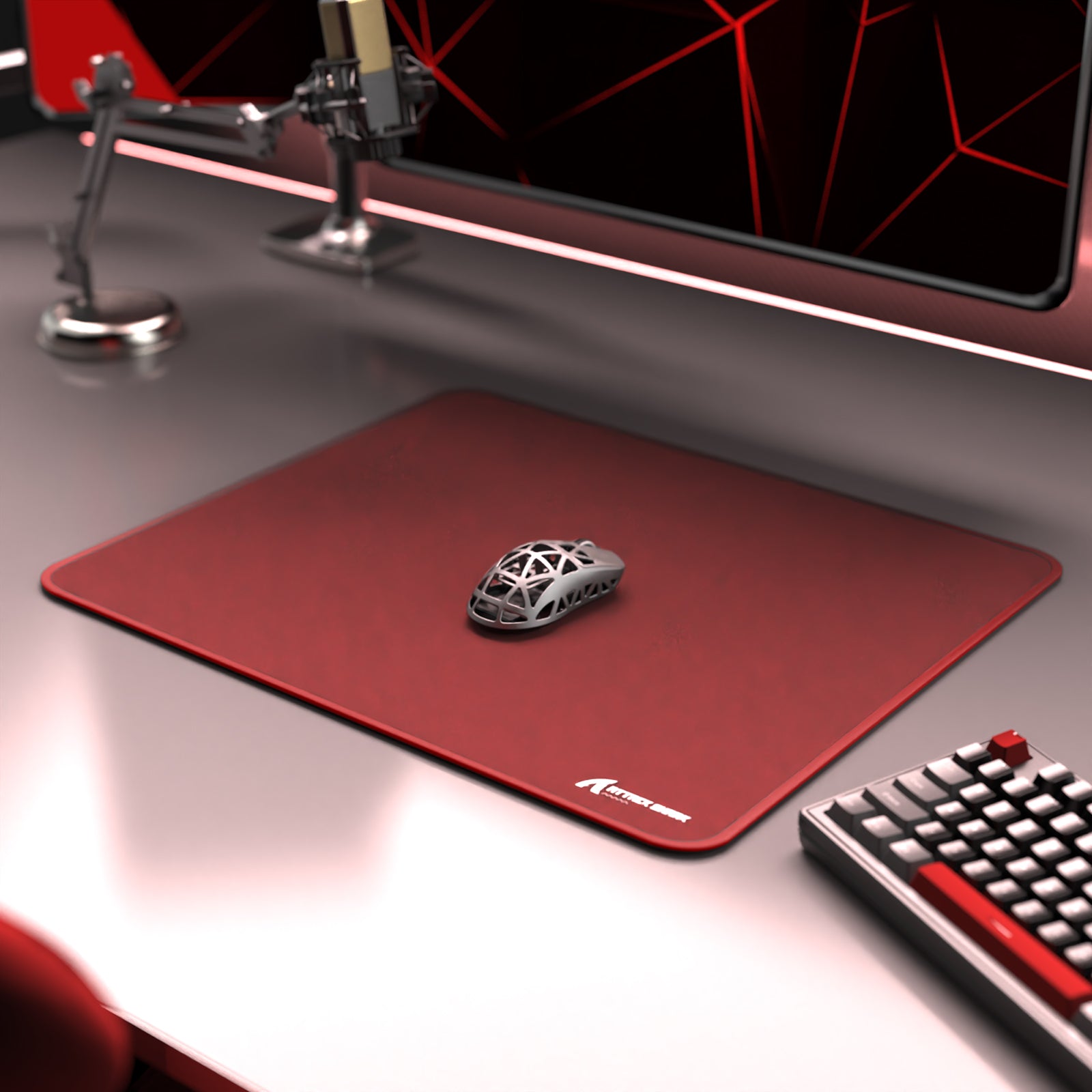 ATTACK SHARK CM02 gaming setup with red mousepad, mouse, and keyboard