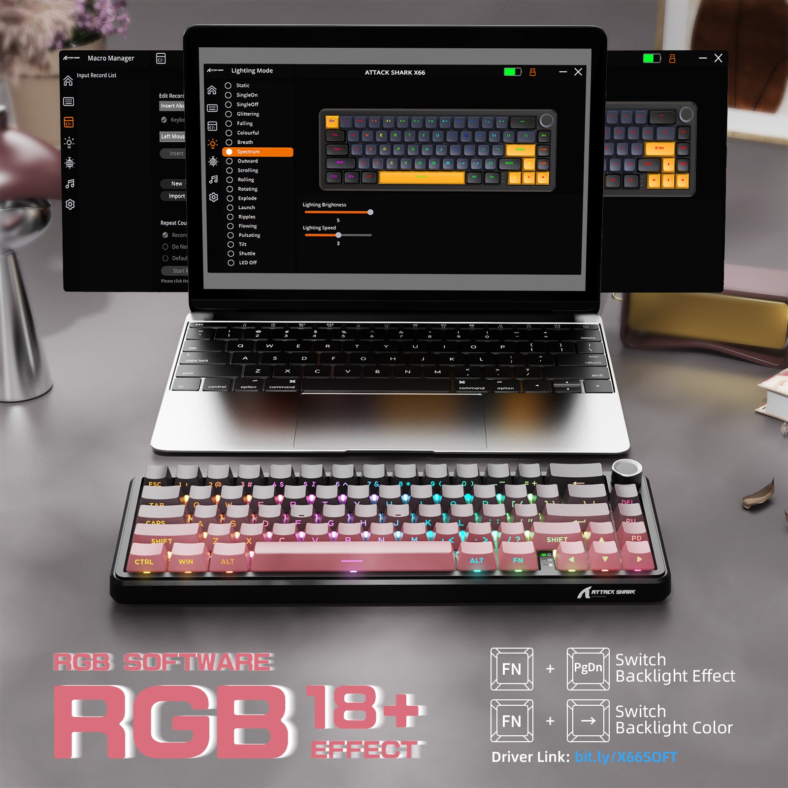ATTACK SHARK X66 mechanical keyboard with RGB software interface, 18+ effects and volume control.