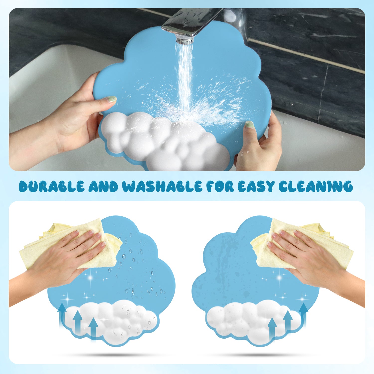 Washing blue cloud mouse pad showcasing durable, easy-clean design under running water.