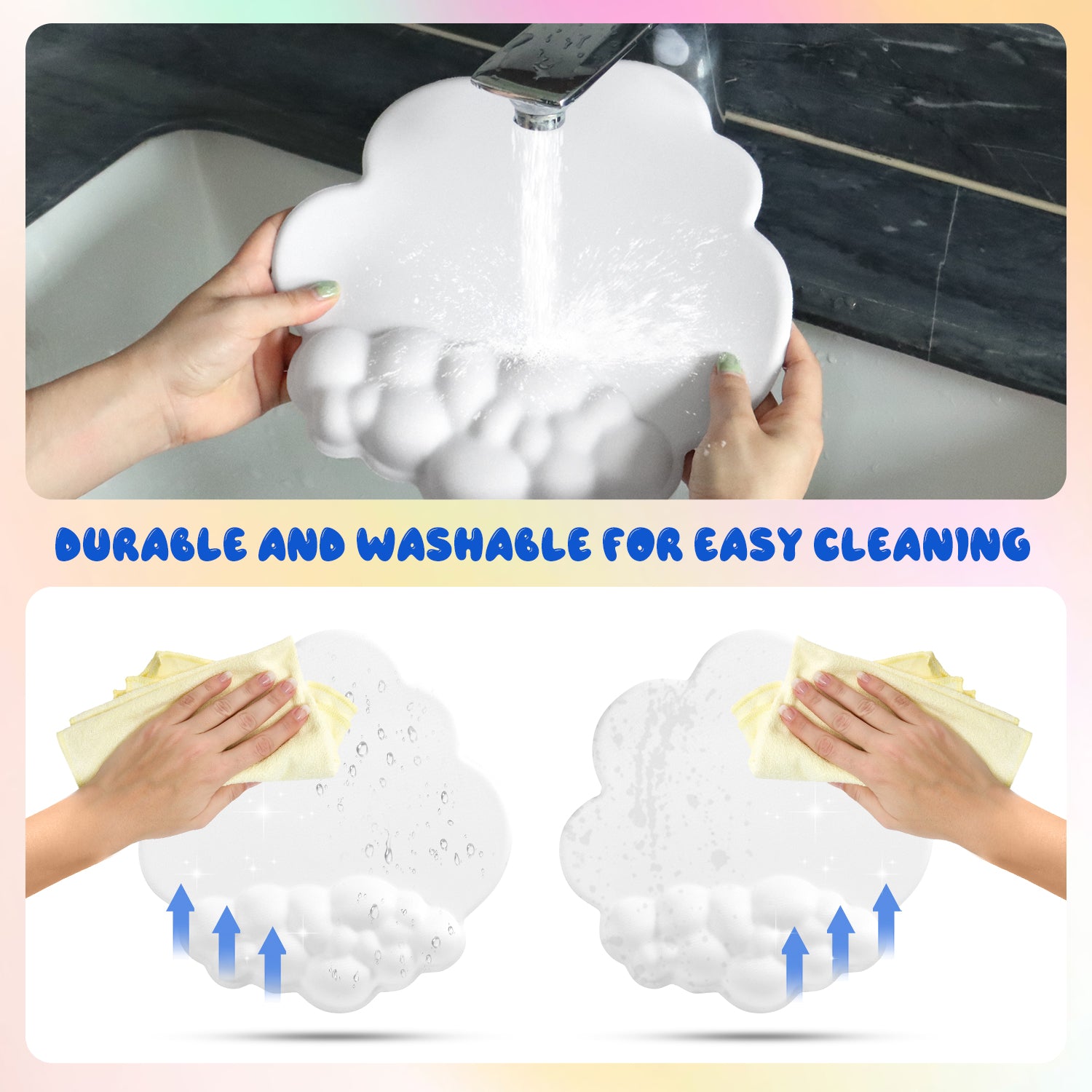 Cleaning cloud-shaped mouse pad under water, showcasing washable and durable design.