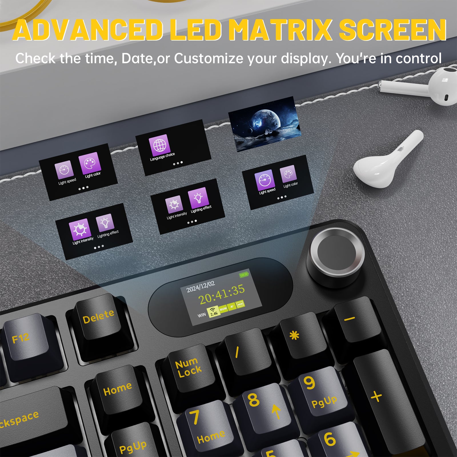 ATTACK SHARK X98PRO gaming keyboard LED screen showing time, date, and customization options