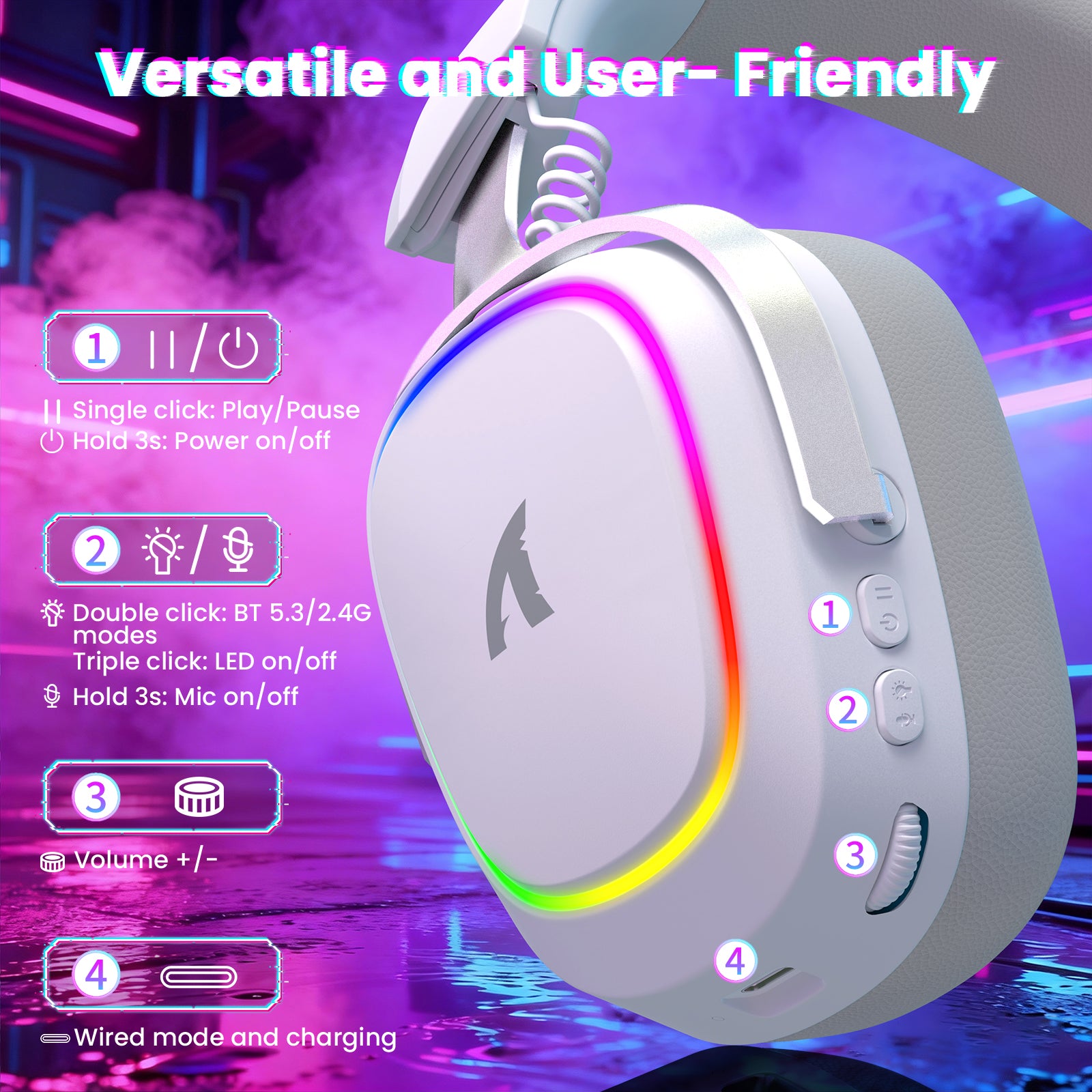 White Attack Shark G800 headset: RGB lighting, Play/Pause, BT/2.4G mode, Volume +/- and wired charging controls.