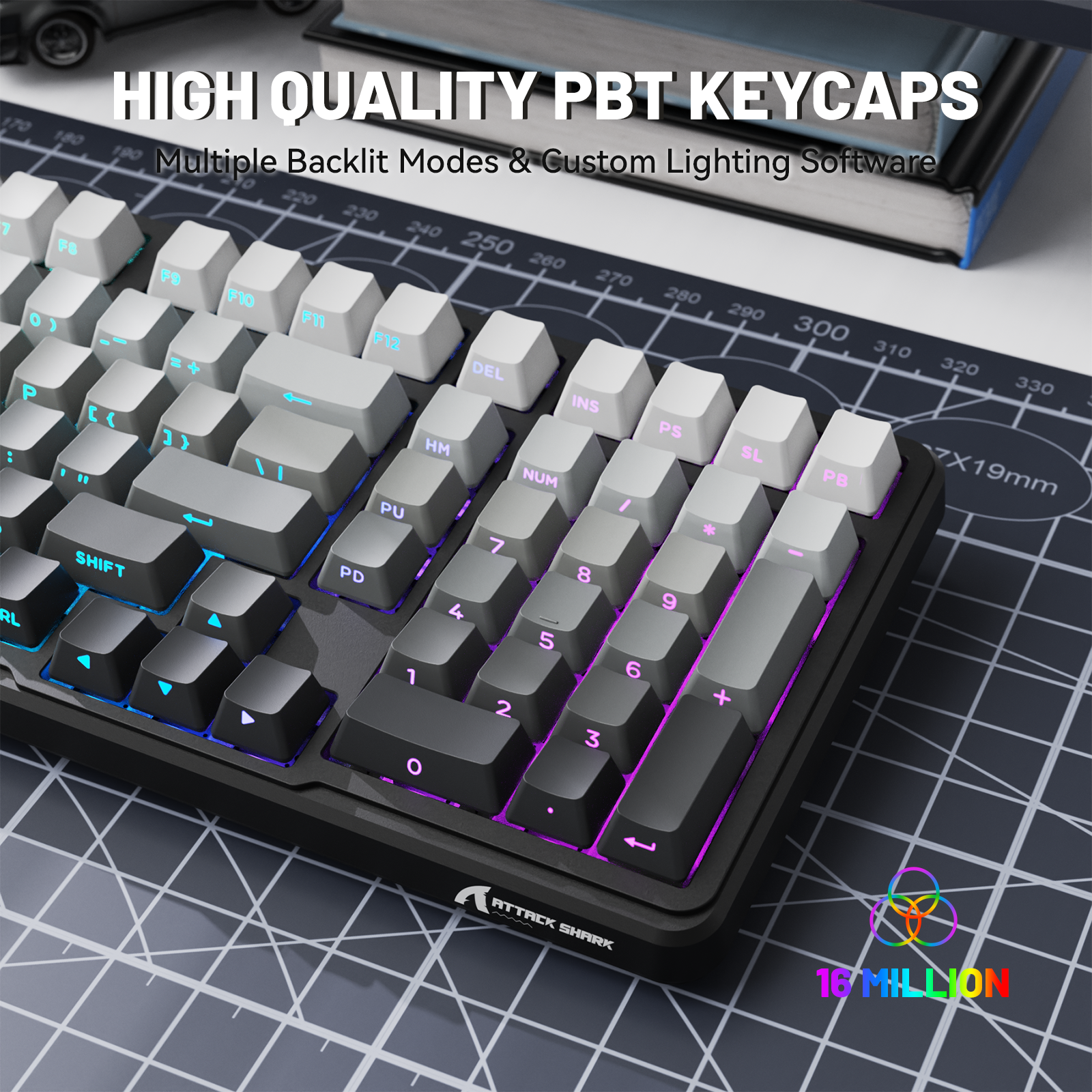 ATTACK SHARK X98 mechanical keyboard: PBT keycaps, RGB, and multiple backlight modes. 16 million color options.