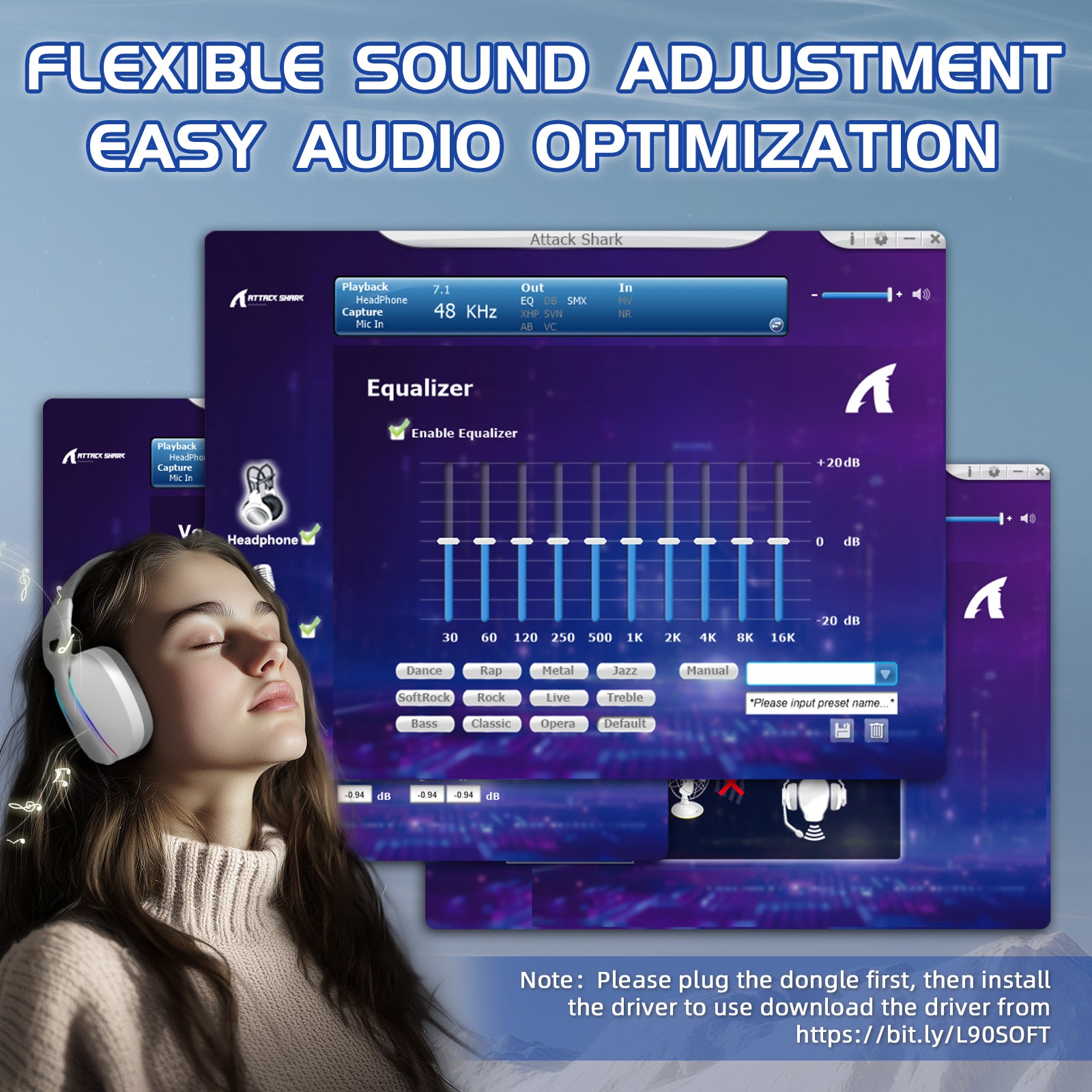 ATTACK SHARK L90 headset audio optimization interface, with equalizer, flexible sound adjustment