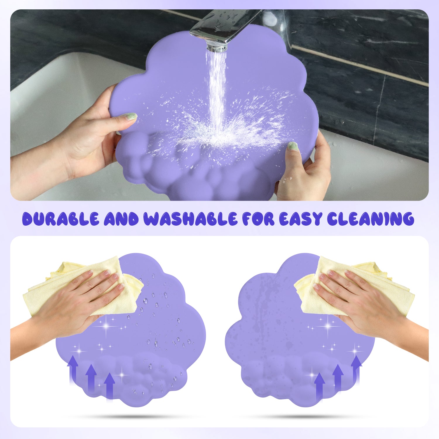 Cleaning purple cloud mouse pad under water highlighting washable and durable design.