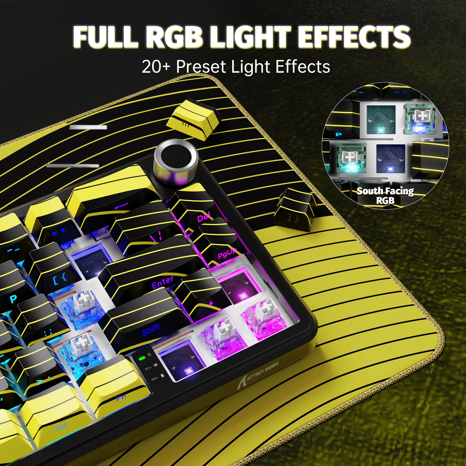 ATTACK SHARK X65PRO HE keyboard with yellow and black keycaps, full RGB lighting, and magnetic switches.