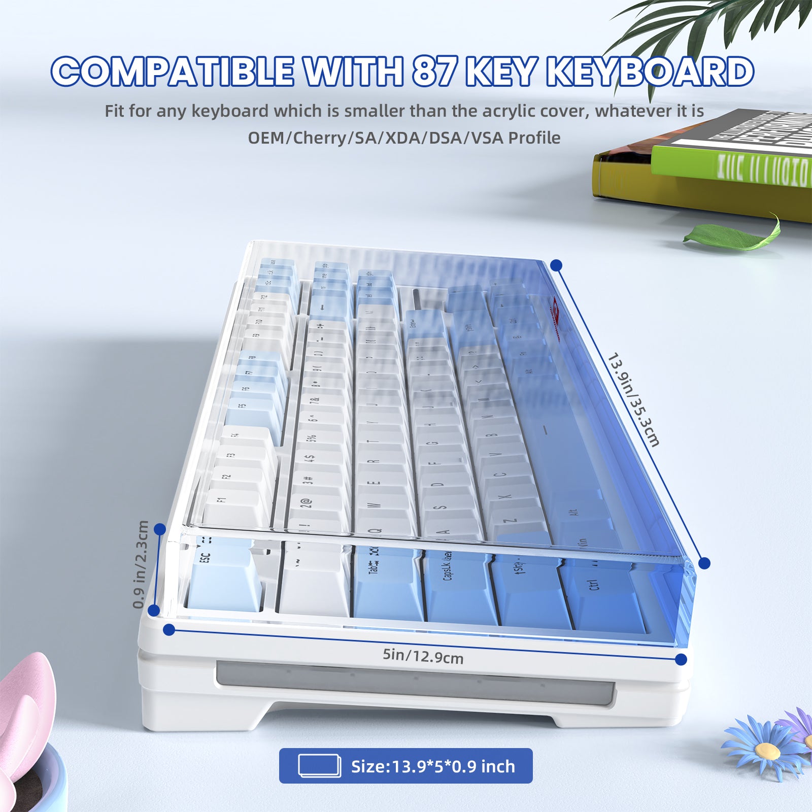 Gradient blue acrylic cover for 87-key keyboard with dimensions and compatibility details