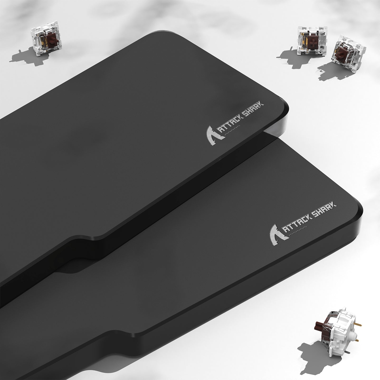 ATTACK SHARK Black Acrylic Wrist Rest with keyboard support, ergonomic design, smooth surface, and switches.