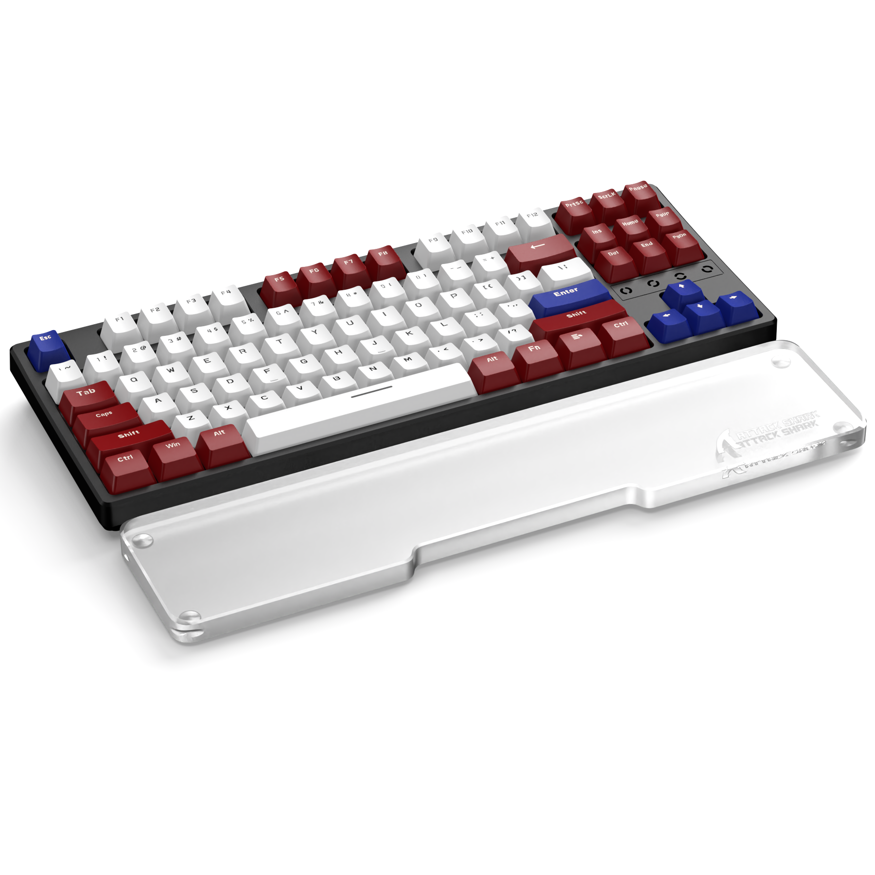 Red and white mechanical keyboard with transparent acrylic wrist rest and logo.