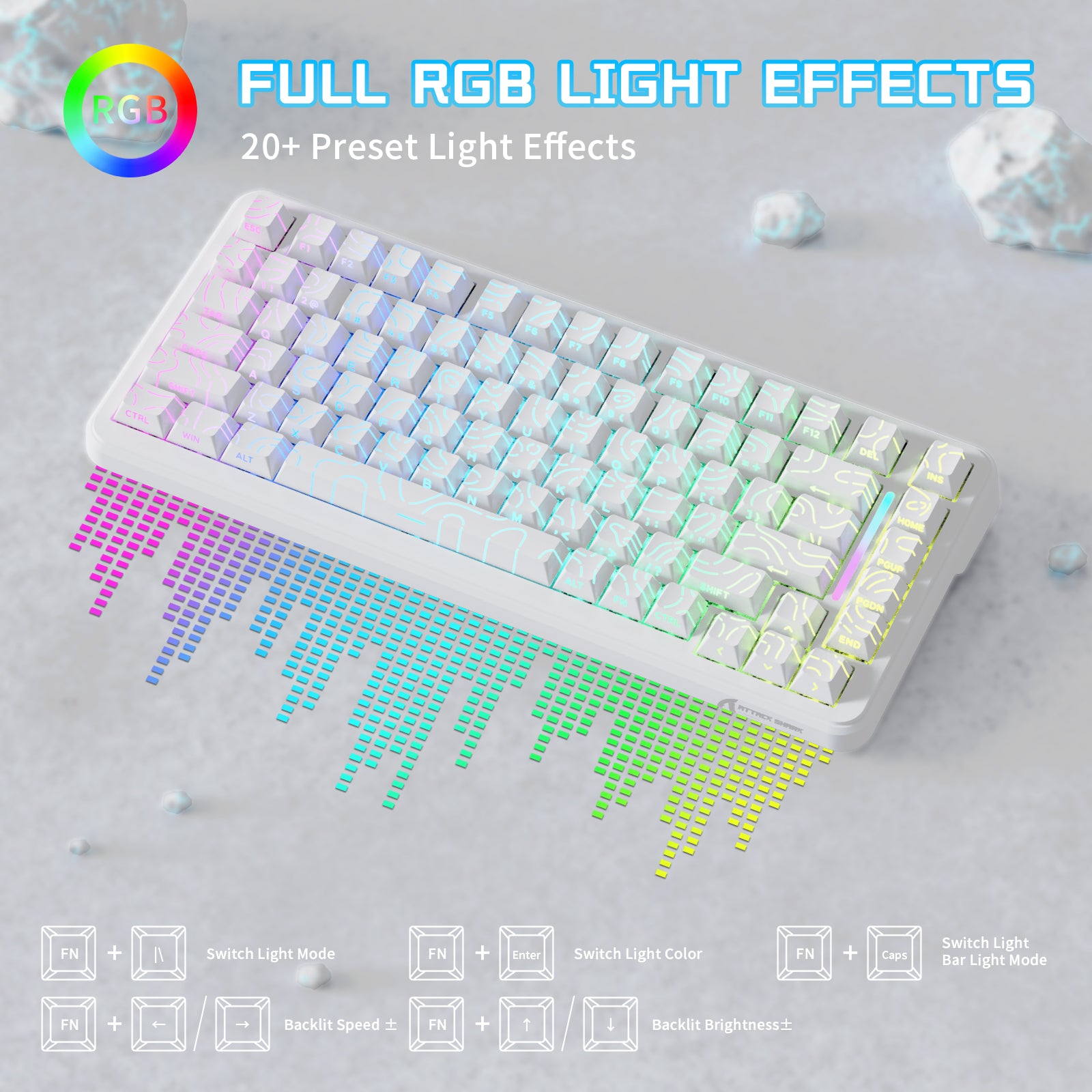 ATTACK SHARK X82PRO HE gaming keyboard with full RGB lighting effects, white, 20+ preset light modes, 75% TKL layout.