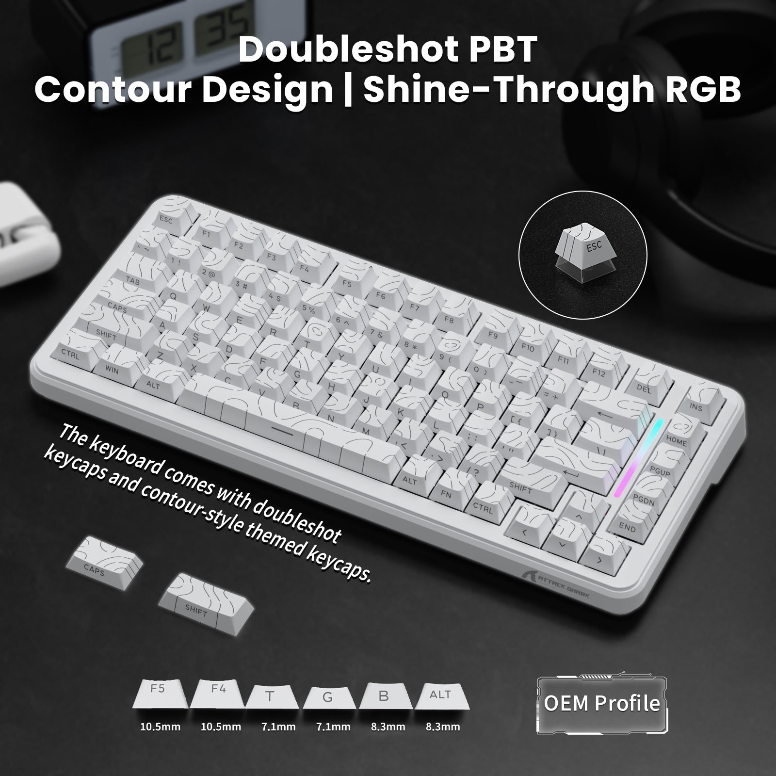 ATTACK SHARK X82PRO HE keyboard, Doubleshot PBT keycaps, contour design, RGB lighting, OEM profile.